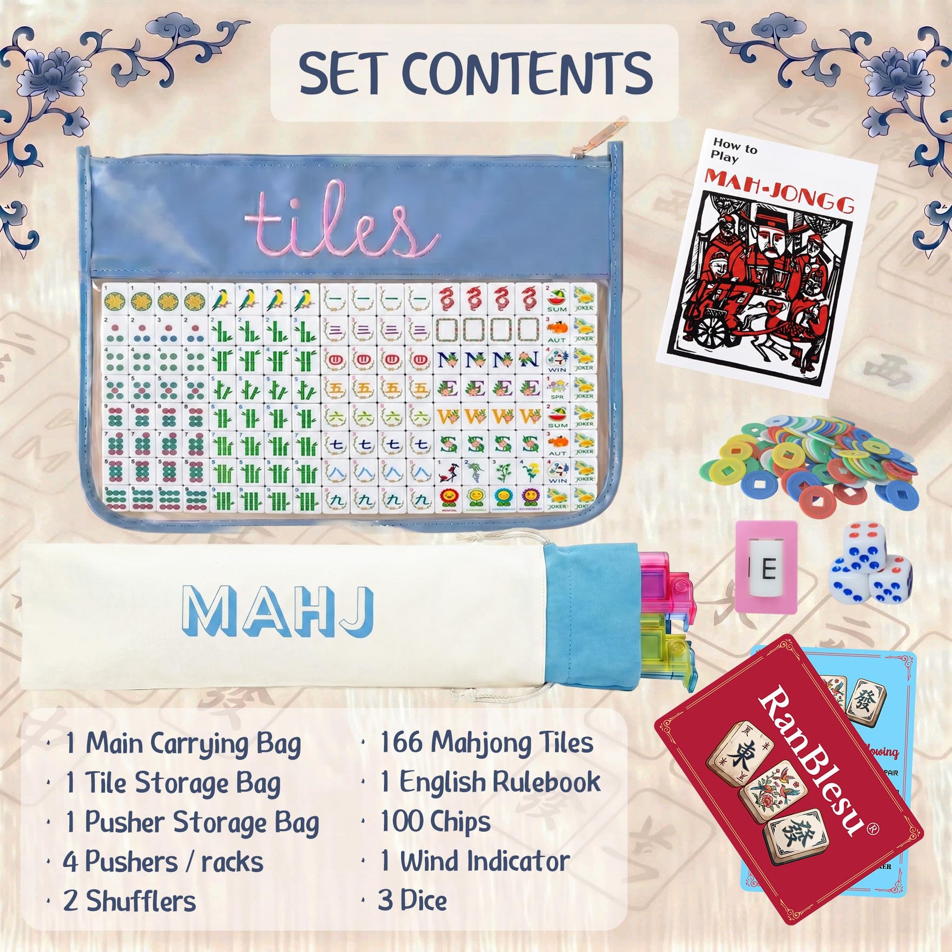 RanBlesu American Mahjong Tile Set, 166 Premium Blue Tiles, 4 All-in-One Color Racks/Pushers, Mahjong Accessories Mahjong Set Complete with Bag (Ma