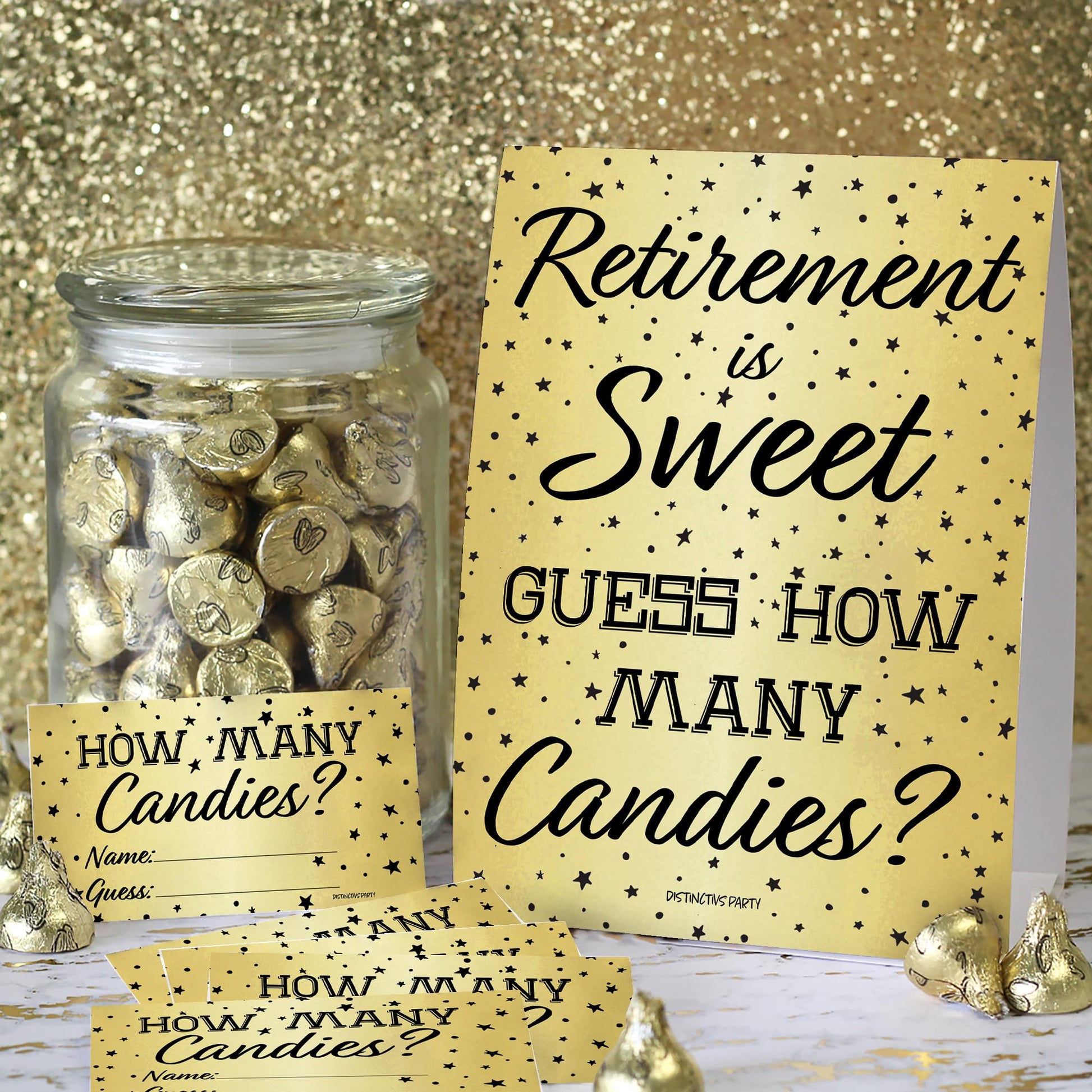 DISTINCTIVS Retirement Party Game - Guess How Many Candies in the Jar - Black and Gold Retirement Game with 5" x 7" Sign and 30 Guessing Cards