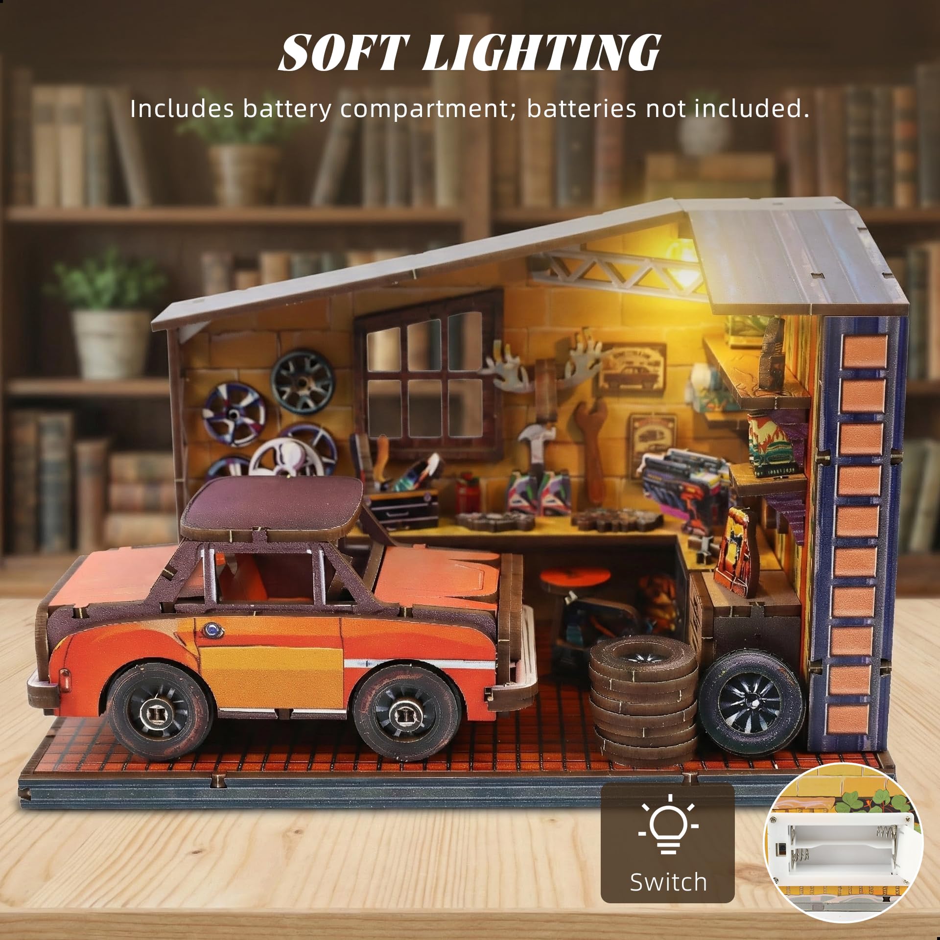 kolotesame Book Nook Kit, DIY Miniature House Kit for Adult 3D Wooden Puzzle with LED Light, Retro Garage Tiny House Bookshelf Insert Decor, Creative