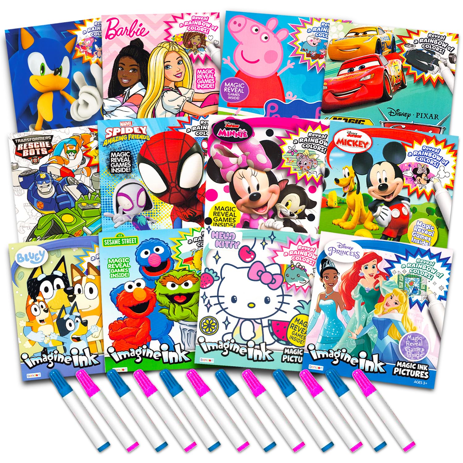 12 Mess Free Imagine Ink Coloring Book Set for Kids - Bulk Bundle with 12 No Mess Coloring Books (Sonic, Bluey, Mickey, Minnie, Spidey, Peppa Pig)