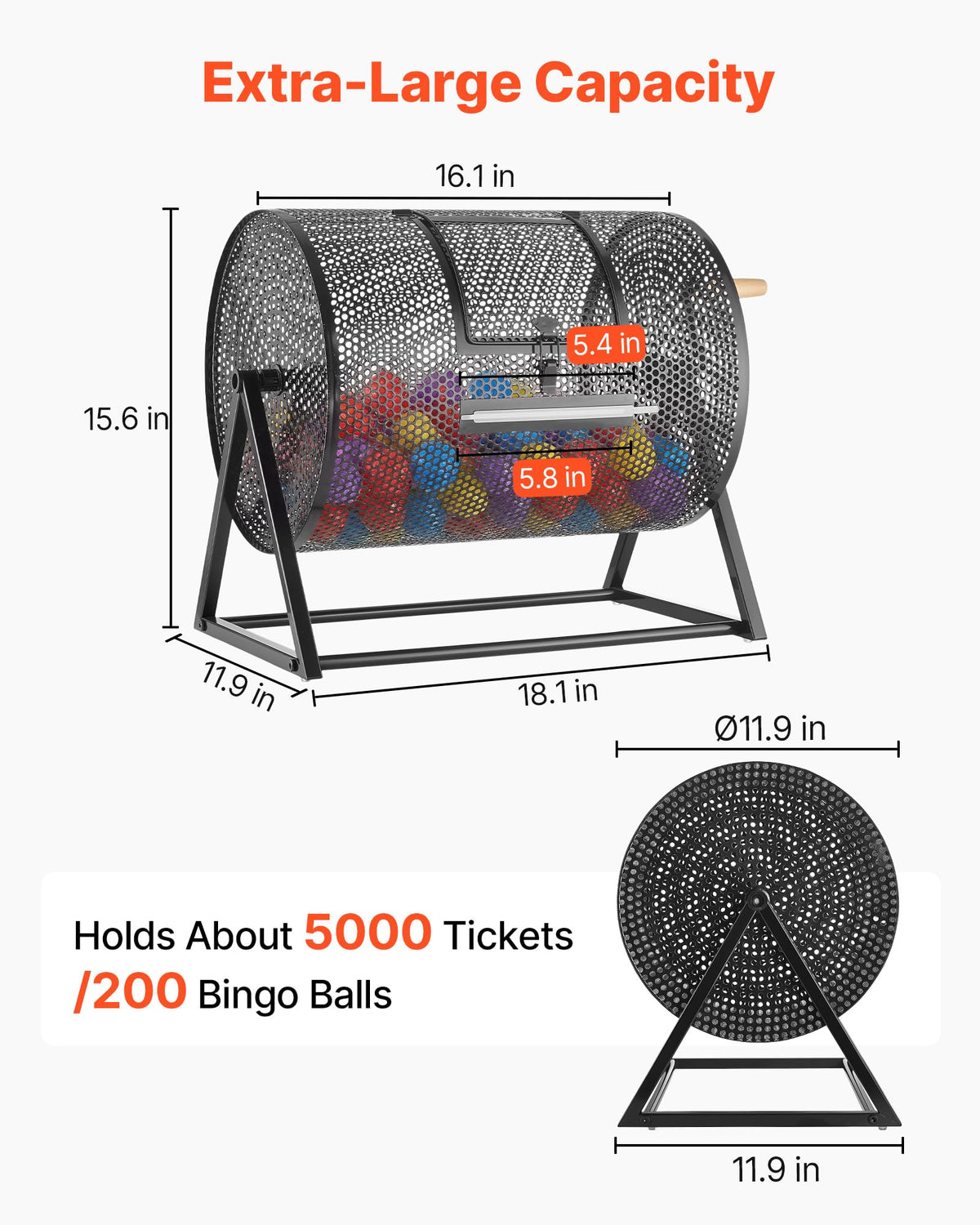VEVOR Raffle Ticket Spinner, 16.1" x 11.9" Holds 5000 Tickets or 200 Ping Pong Balls, Raffle Drum Lottery Spinning Cage with Reinforced Handle, Stable