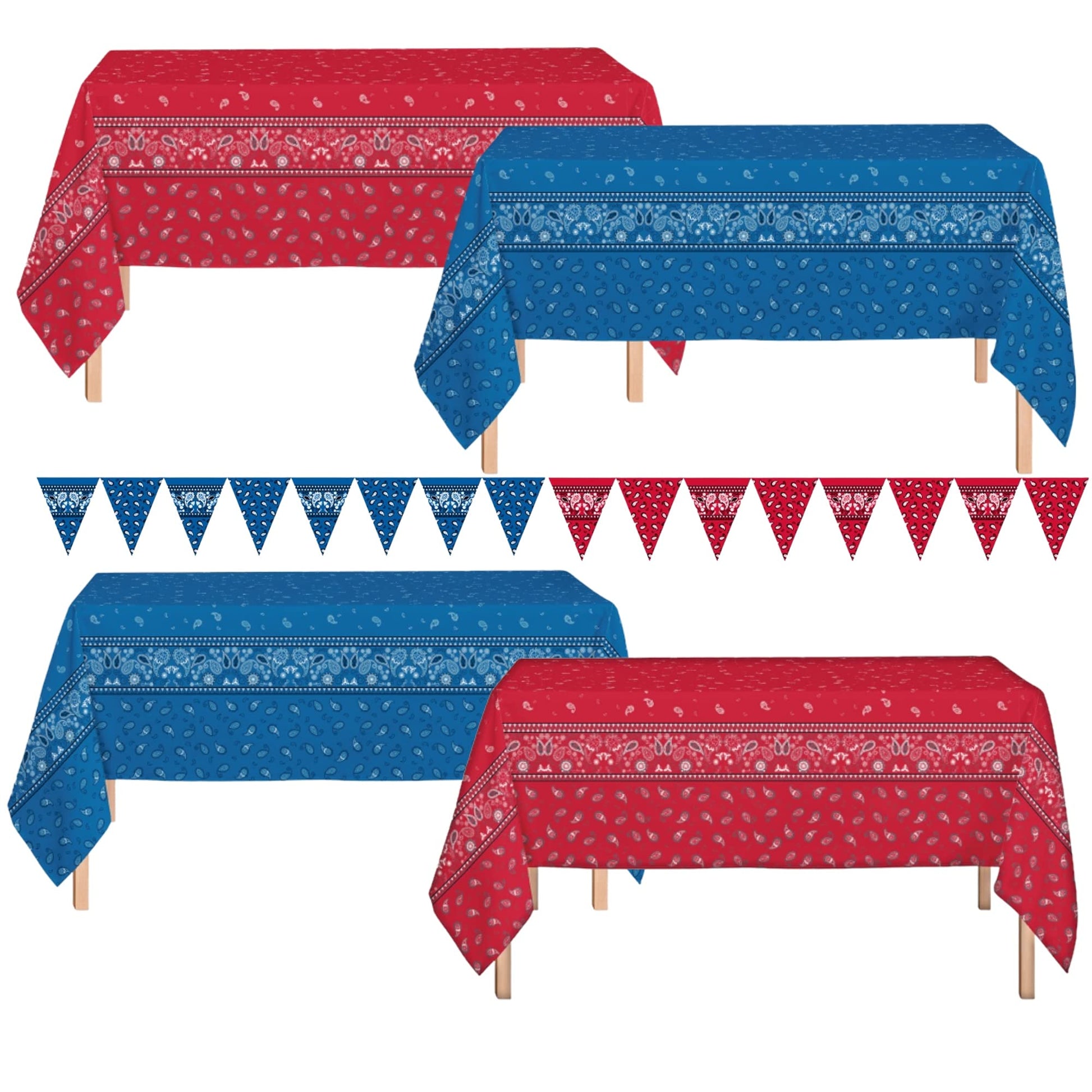 Oojami Cowboy Tablecloth 4 Pack - Western Bandana Plastic Table Cover 54" x 108" with 2 Pennant Banners, Disposable Waterproof Country Tablecloths