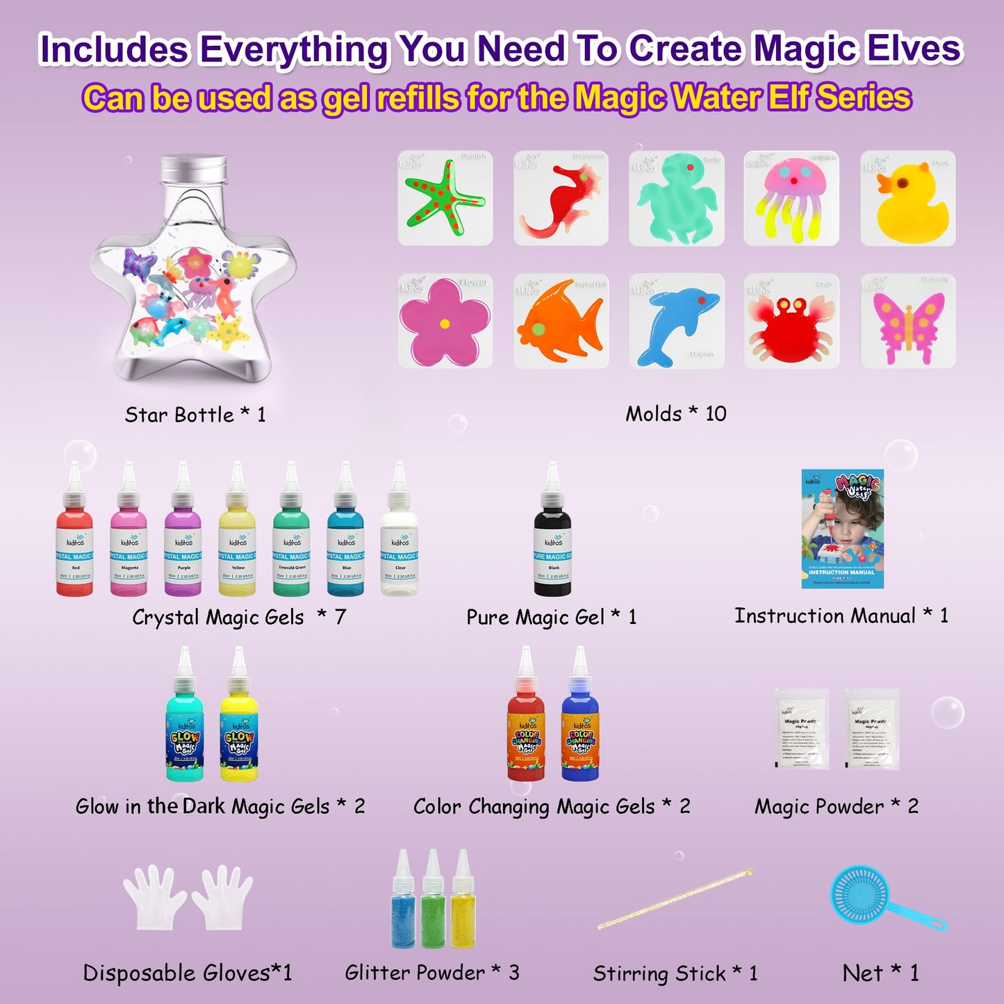 Kiditos Magic Water Elf Toy Squishy Making Kit - Glow-in-the-Dark, Color-Changing & 3 Glitter Powder - 12 Gels, 10 Molds, Jar with Lid - DIY Water