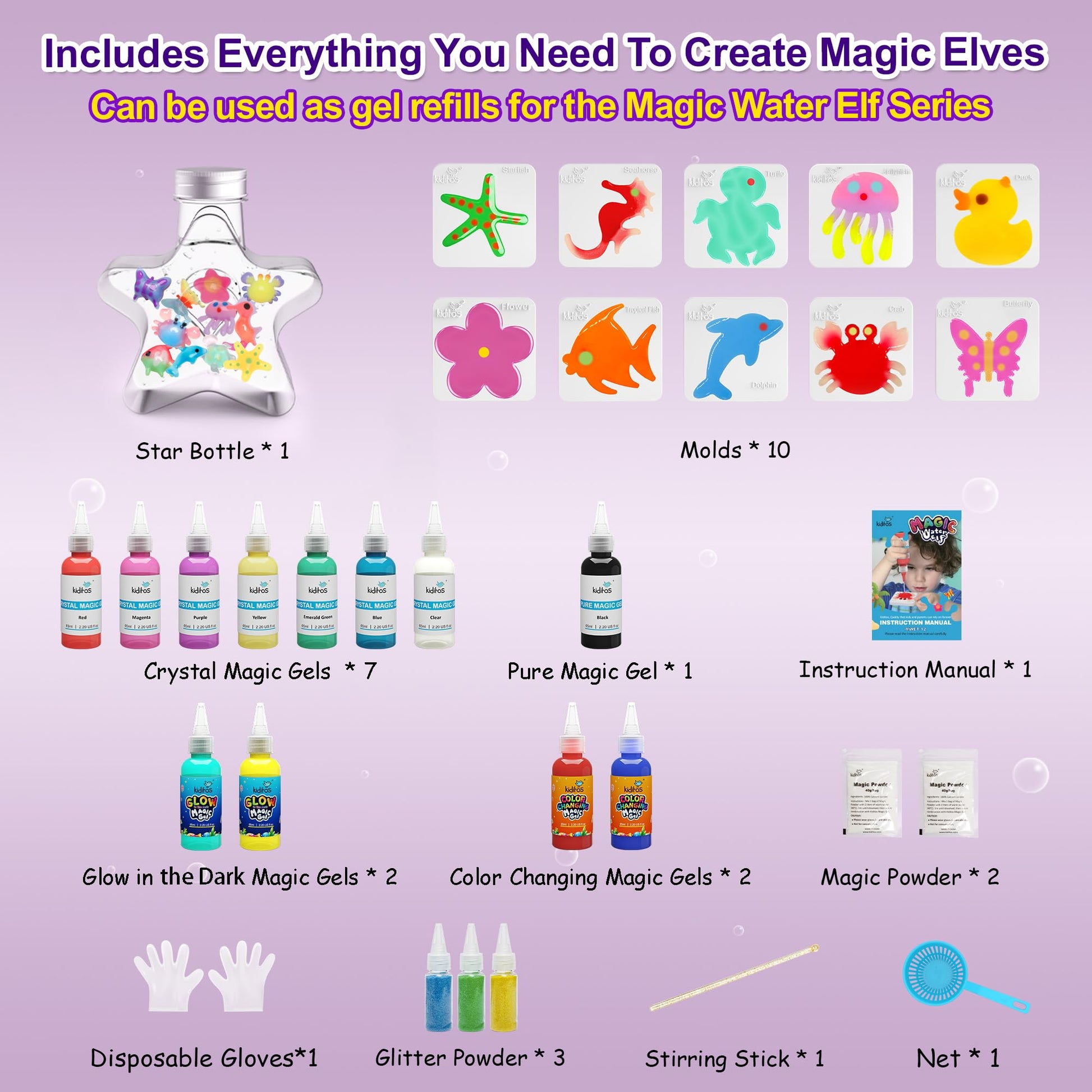 Kiditos Magic Water Elf Toy Squishy Making Kit - Glow-in-the-Dark, Color-Changing & 3 Glitter Powder - 12 Gels, 10 Molds, Jar with Lid - DIY Water