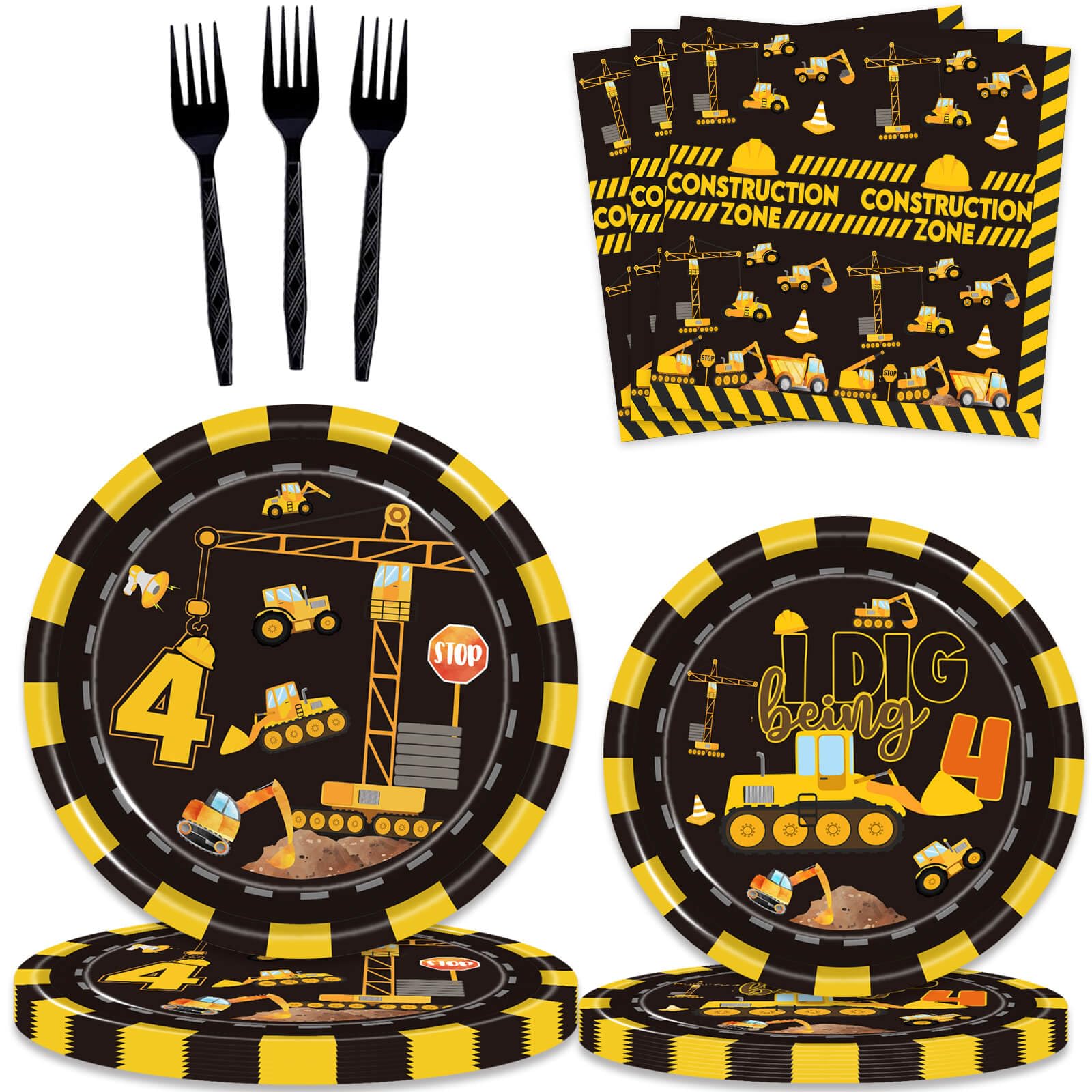 92 Pcs Construction 4th Birthday Party Supplies Dump Truck Theme Four Tableware Includes Hanging Swirl, Balloons, Plates, Table Cloth for Boys
