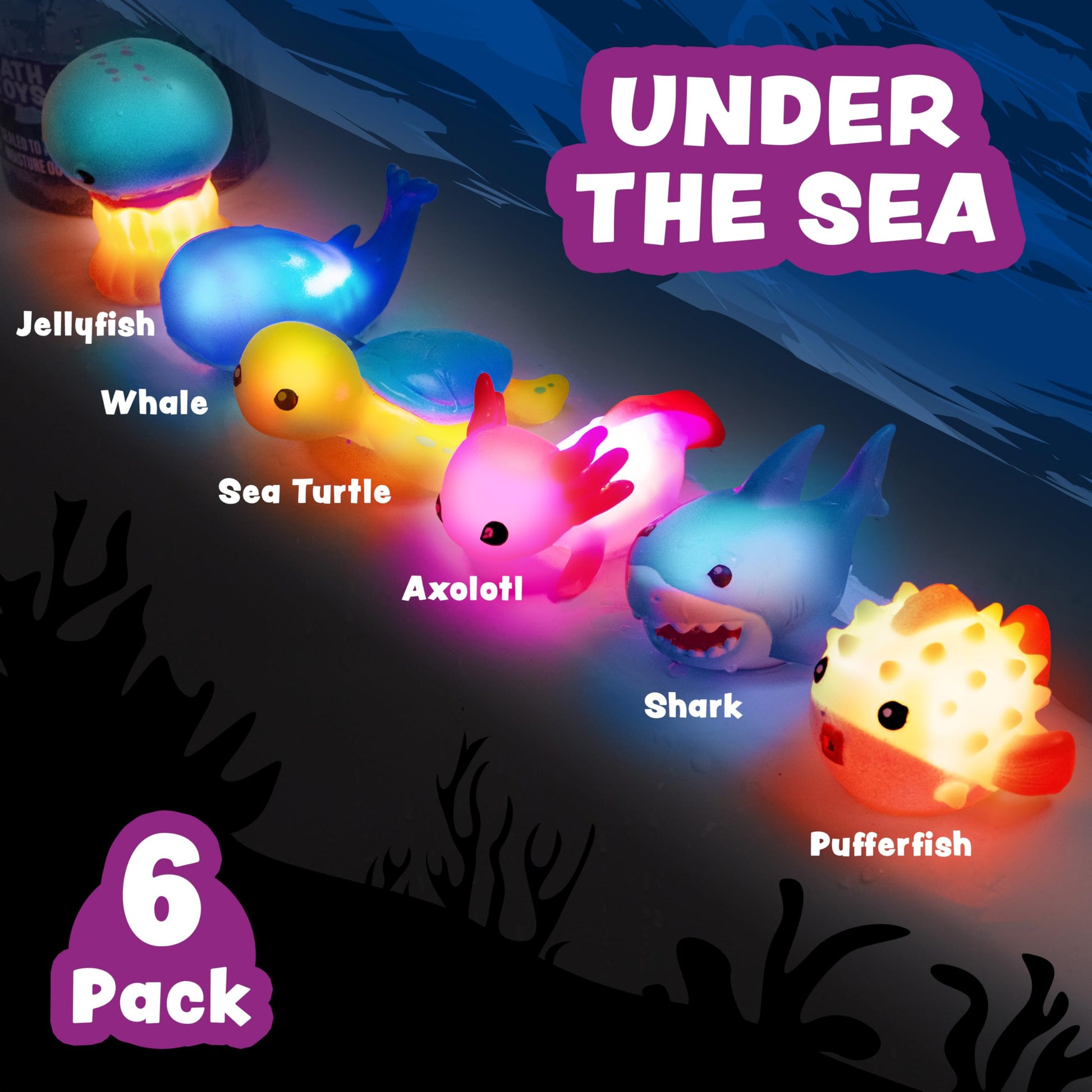 Tub Works® Under the Sea™ Light Up Bath Toys, 6 Pack | Water-Activated Light Up Toys Flash & Change Color | Easy-Grip Baby & Toddler Bath Toys |