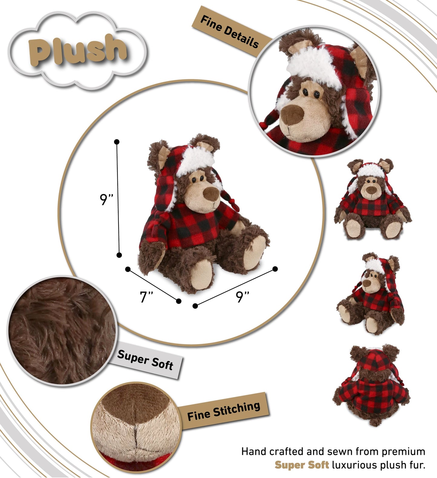 DolliBu Super Soft Plush Red Plaid Outfit Grizzly Bear - Adorable Playtime Zoo Bear Plush with Clothes, Cute Cuddle Gift - 9 Inches