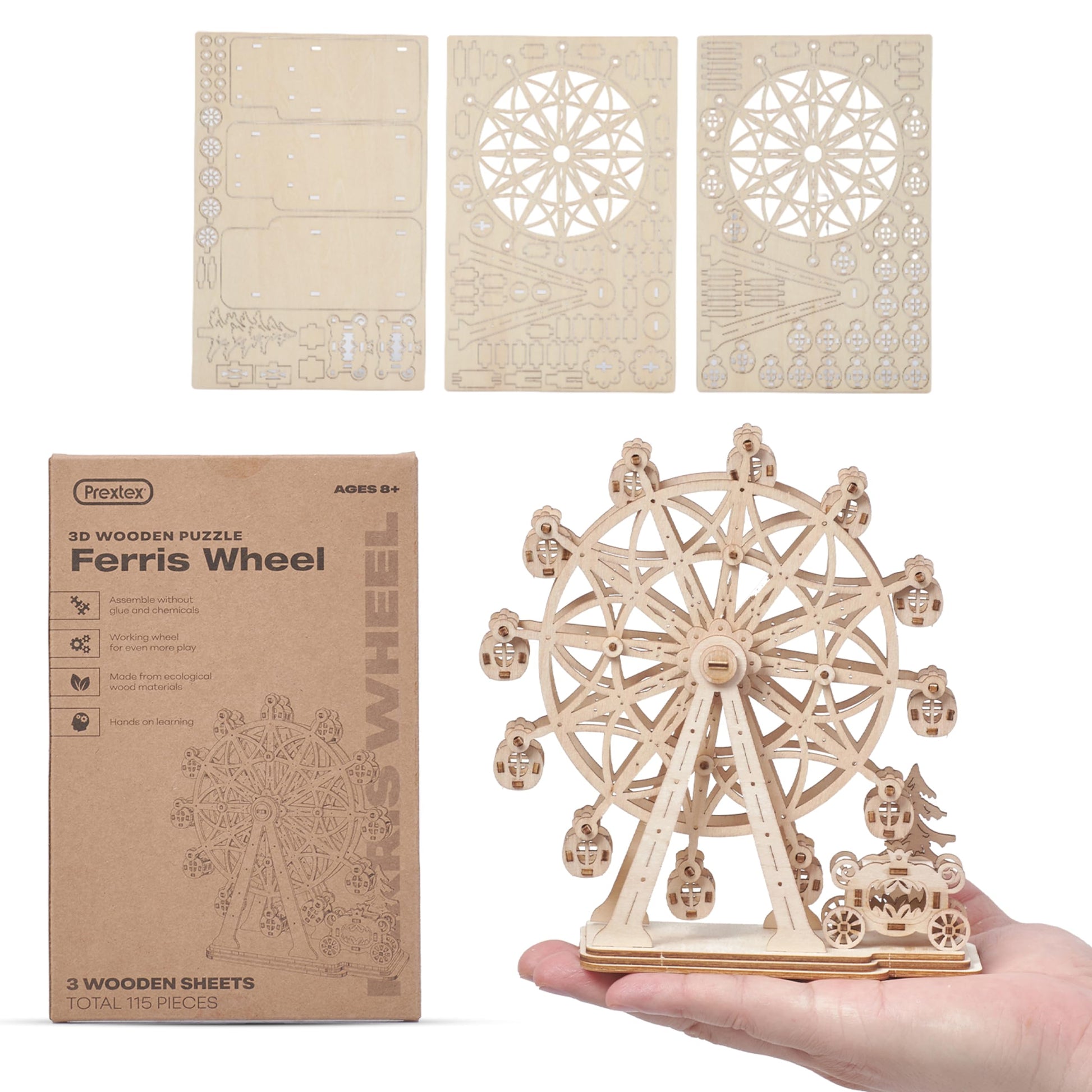 Prextex Ferris Wheel 3D Puzzle Wooden - 115 Precision Pieces Sturdy Wood - No Glue Needed for Assembly - Fun & Educational for Ages 8+ - Ideal