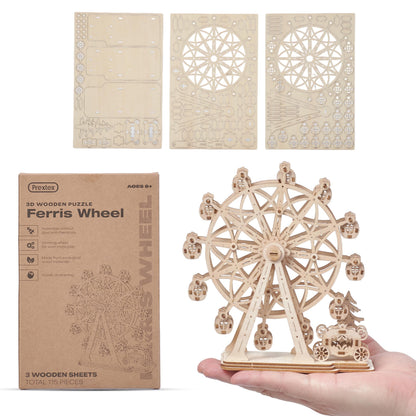 Prextex Ferris Wheel 3D Puzzle Wooden - 115 Precision Pieces Sturdy Wood - No Glue Needed for Assembly - Fun & Educational for Ages 8+ - Ideal