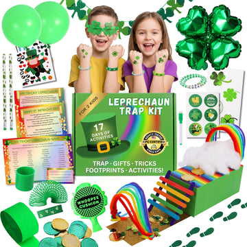 XOXO Parents Leprechaun Trap Kit with 17 Days of Gifts & Activities - St Patricks Day Countdown Tradition for Kids - 17 Daily Surprises, Tricks