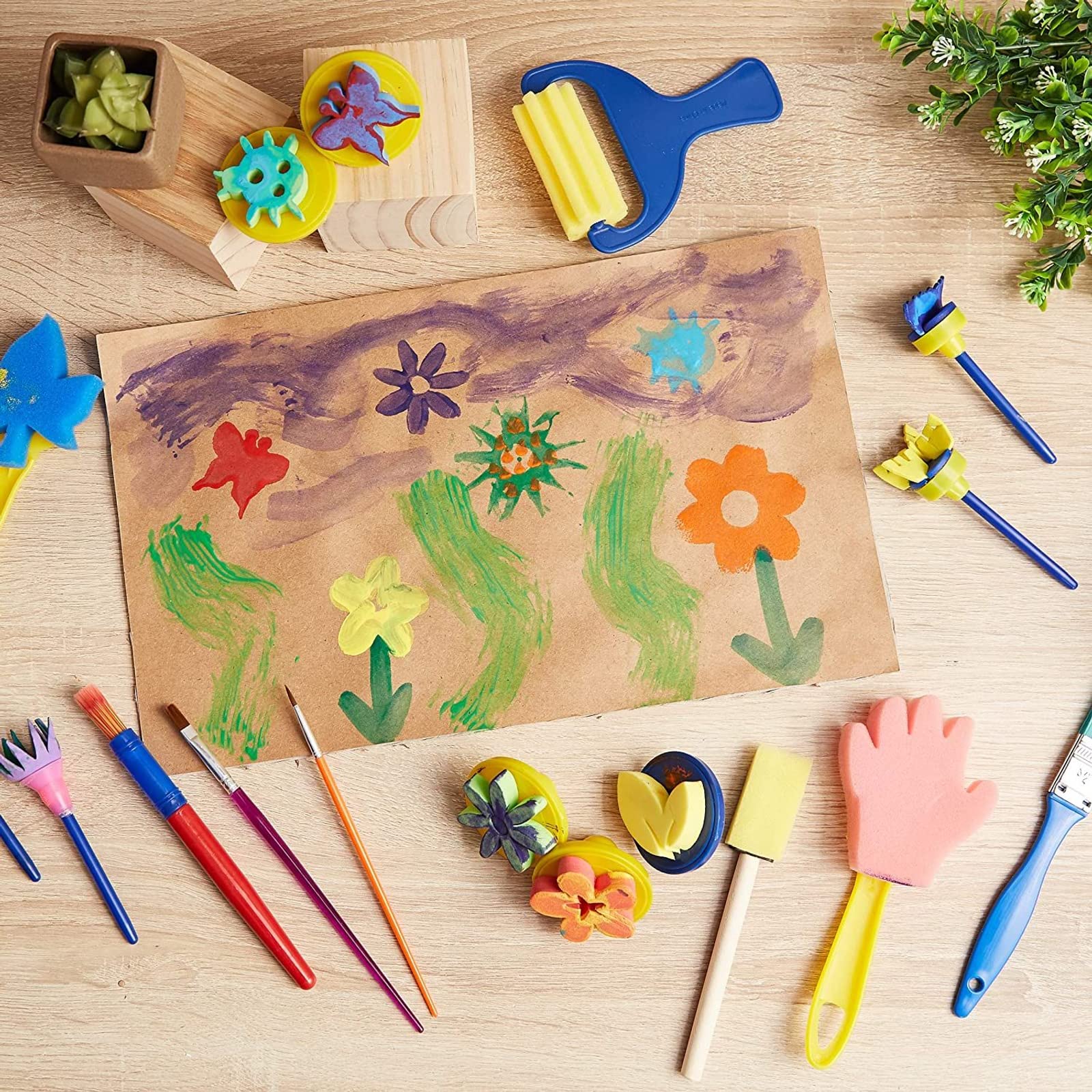 Imagine Studios Paint Brush Art Kit for Kids - 36-Piece, Transparent Foam - Foam Brushes, Rollers & Stamps Painting Set with Apron for Crafts & Art