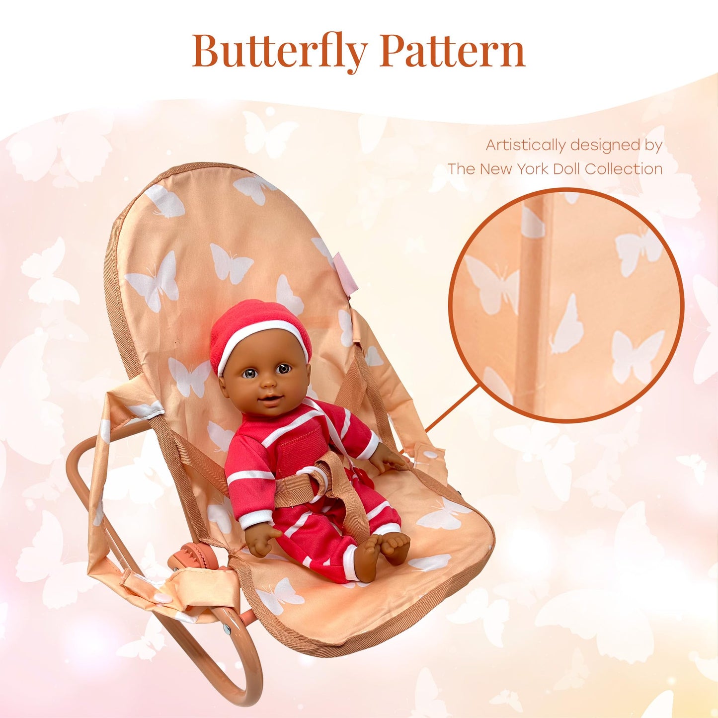 4-in-1 Baby Doll Stroller Set with Butterfly Design - Includes Toy Stroller, Crib, Bouncer & High Chair - Doll Accessories & Baby Doll Furniture Set