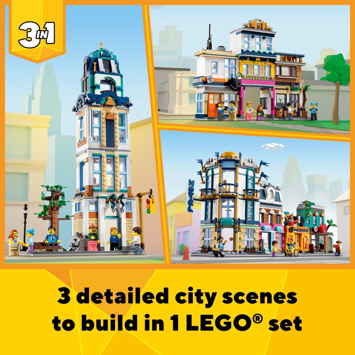LEGO Creator 3 in 1 Main Street Building Toy Set, Features a Toy City, Art Deco Building, Market Street, Hotel, Café, Music Store and 6 Minifigures,