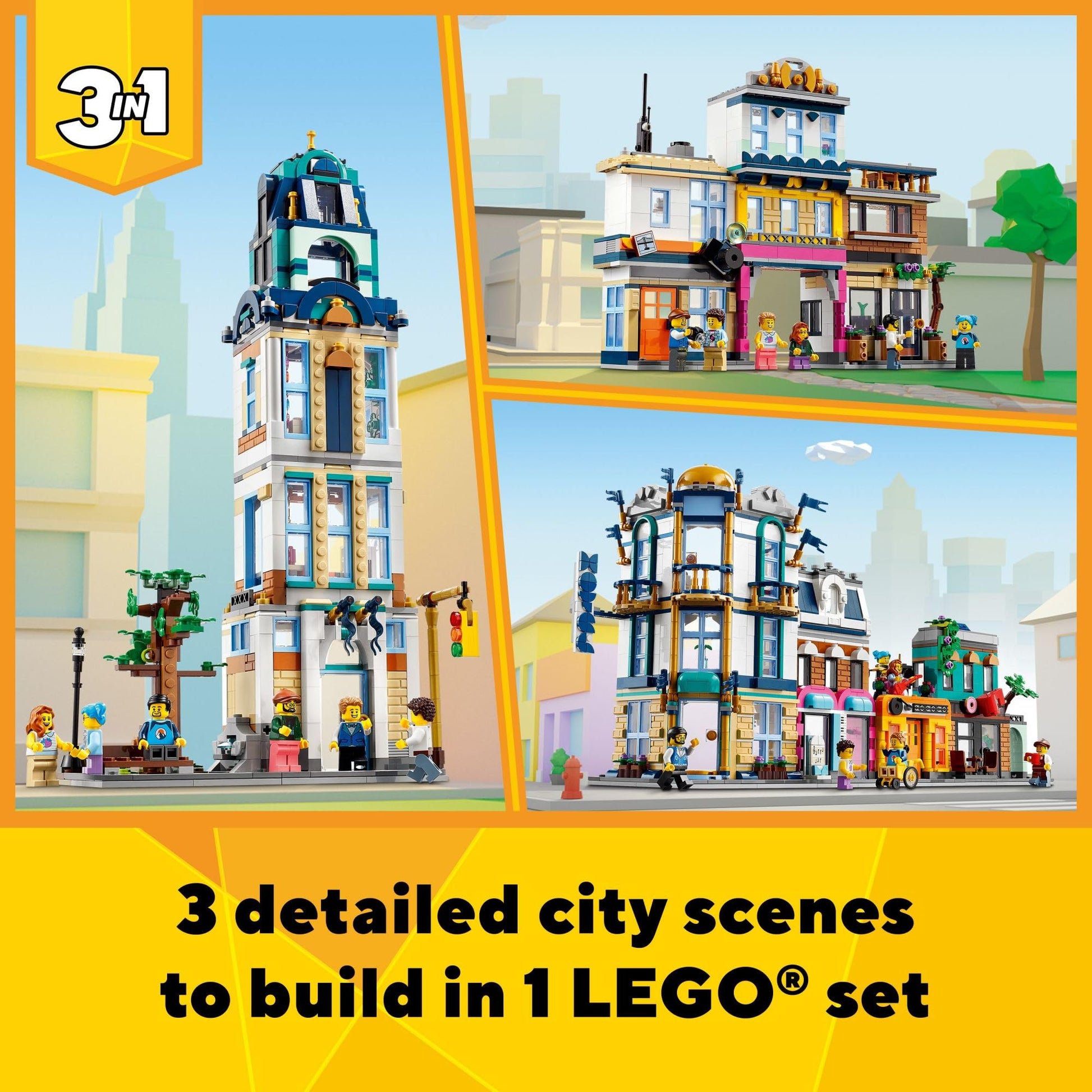 LEGO Creator 3 in 1 Main Street Building Toy Set, Features a Toy City, Art Deco Building, Market Street, Hotel, Café, Music Store and 6 Minifigures,
