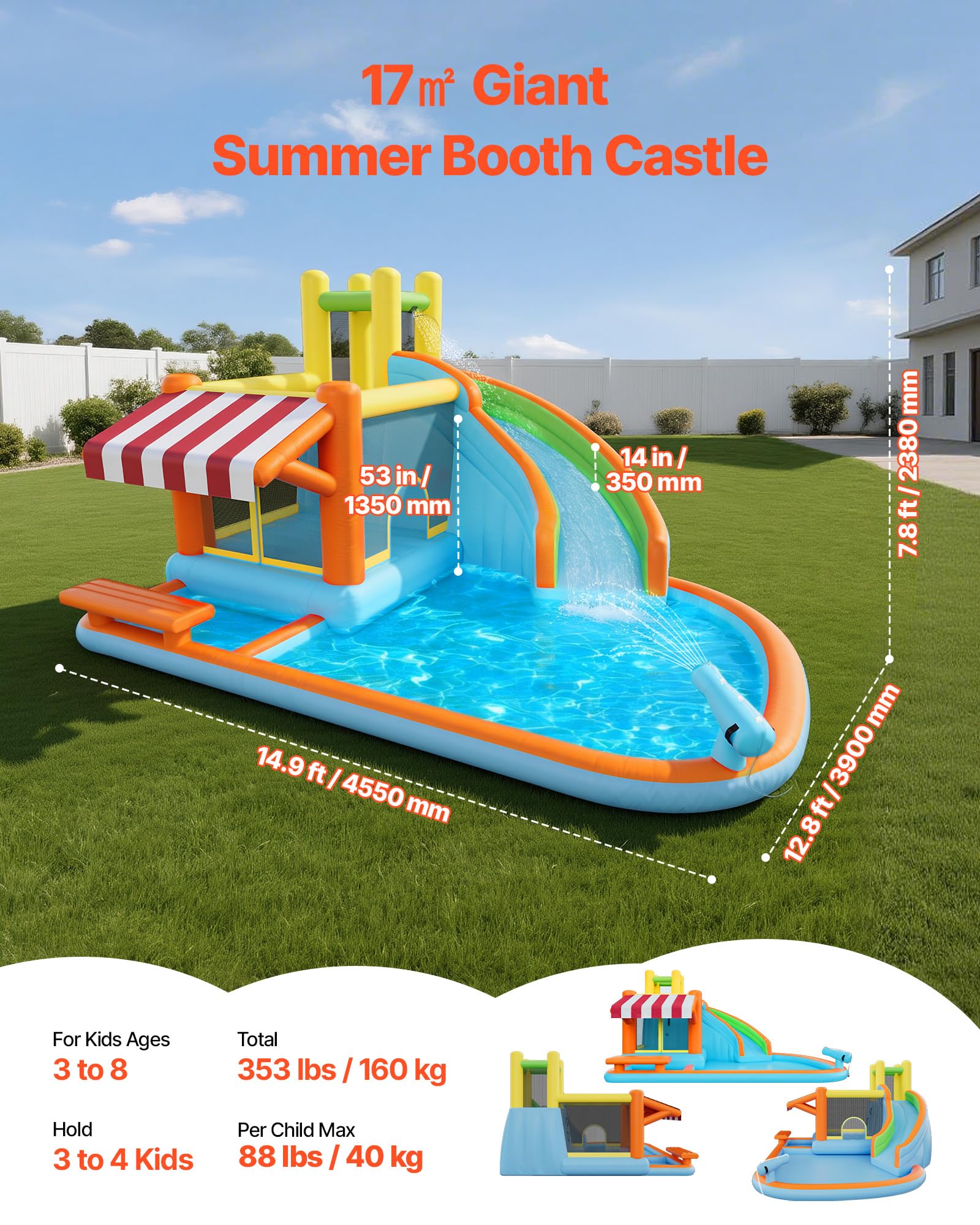 VEVOR Inflatable Pretend Market Bounce House with Blower, Large 6-in-1 Kids Water Slide Castle with Splash Pool, Climbing Wall, Play Booth & Bounce