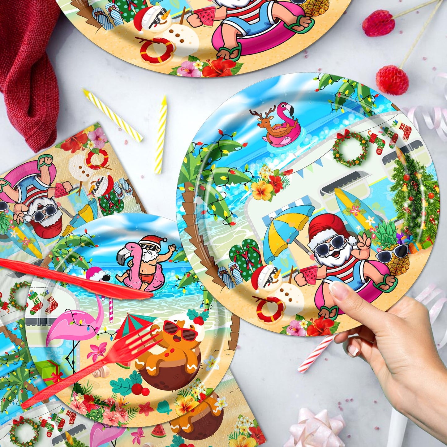 142pcs Summer Christmas Plates Tableware Set Summer Beach Hawaiian Santa Plates Napkins Cups for Summer Pool Mele kalikimaka Tropical Christmas Luau