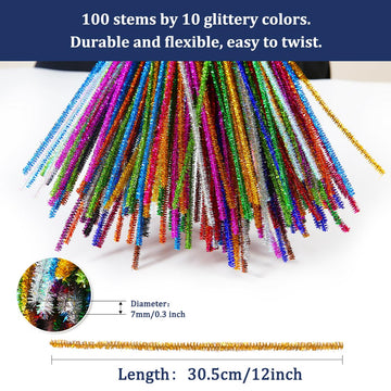 Bundooraking Glitter Pipe Cleaners for Crafts - 12in Bright Chenille Stems in 10 Colors, Art and Craft Supplies for DIY Projects, Decorations,
