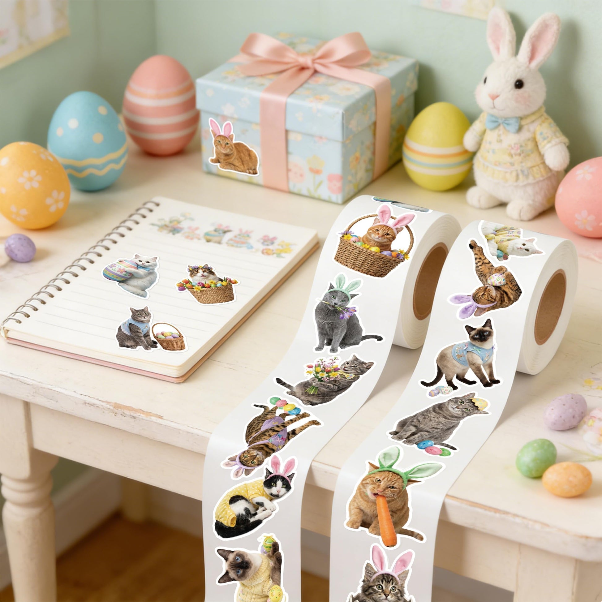 5wsech Cute Realistic Cat Roll Stickers - 1000 Colorful Eggs Rabbit Ears Holiday Dress Up Realistic Cat Vinyl Decals for Kids, Funny Kitten Stickers