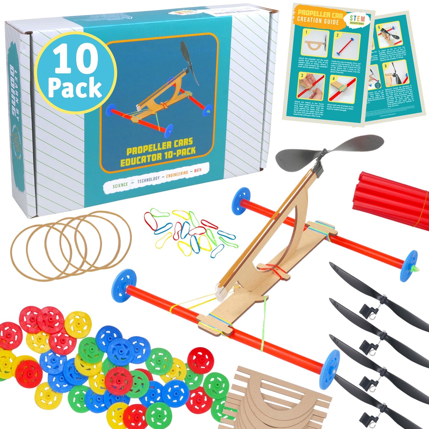 Rubber Band Propeller Car Kit, 10-Pack - STEM Engineering Project, Ages 8+