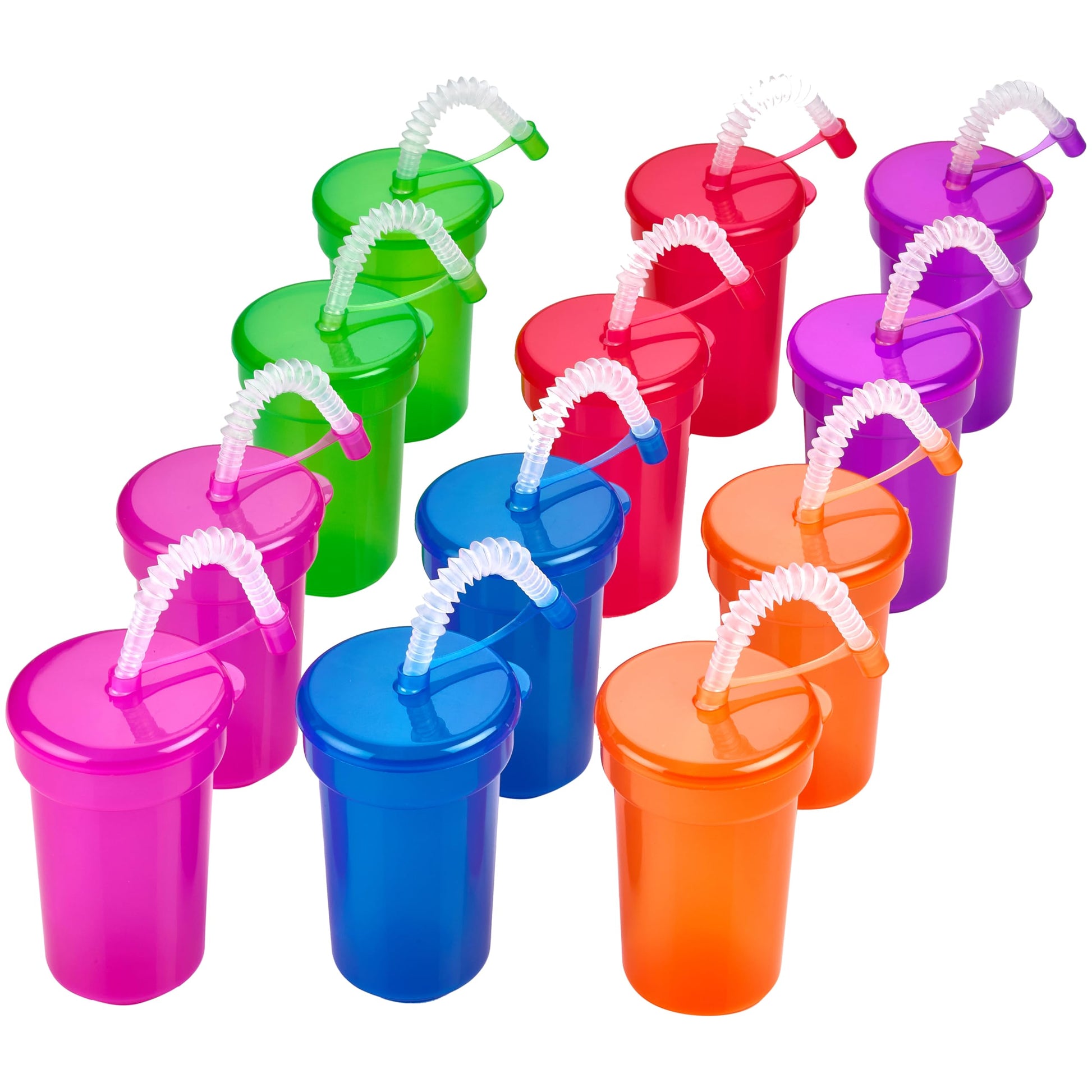 Playbees 12 Pack Neon Sipper Cups - 6 Oz. - Colorful, Spill-Proof Cups with Lids and Straws - Ideal for School Events, Themed Parties, and Birthday