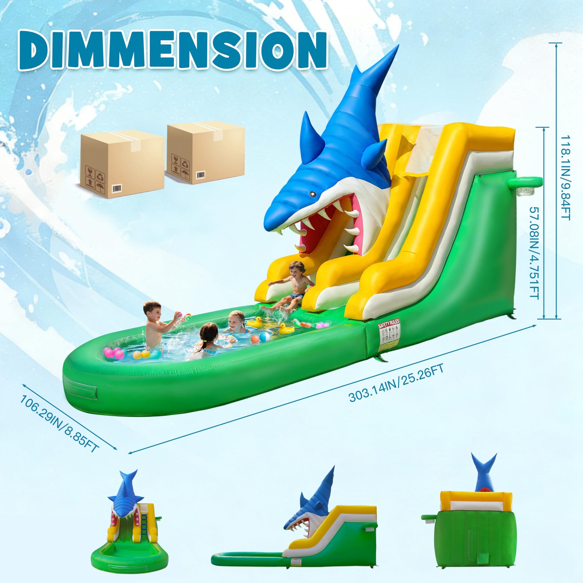 26FT Inflatable Water Slide, 1M Wide Slide with Climbing Steps, Water Hose, Handles, Enclosed Netting & Basketball Set, Heavy Duty PVC Outdoor Water