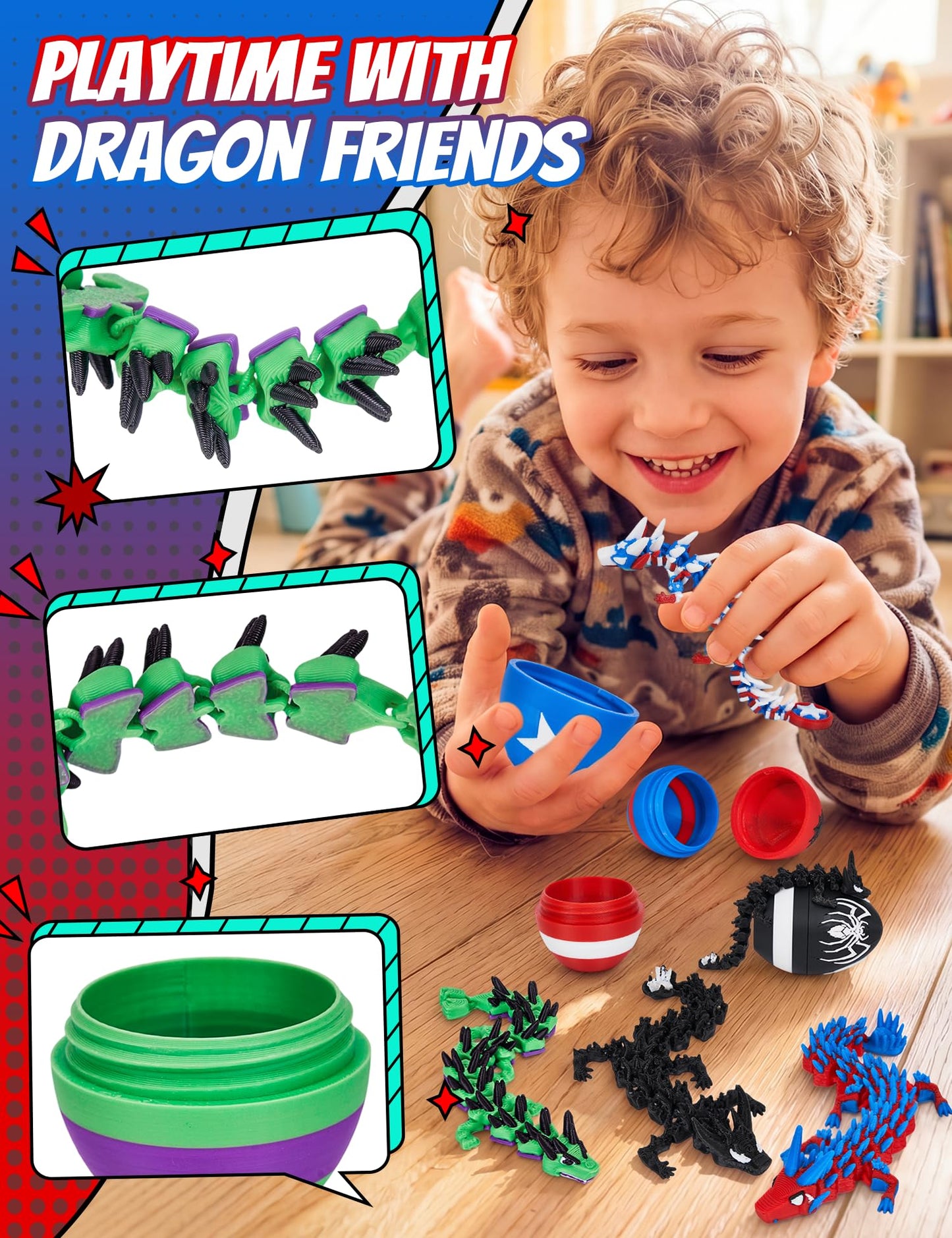 TBOLINE 4PCS 3D Printed Dragon Egg, Articulated Superhero Small Dragon Toys for Kids, 3D Printed Animals Spider Dinosaur Eggs Treasure Box Prizes