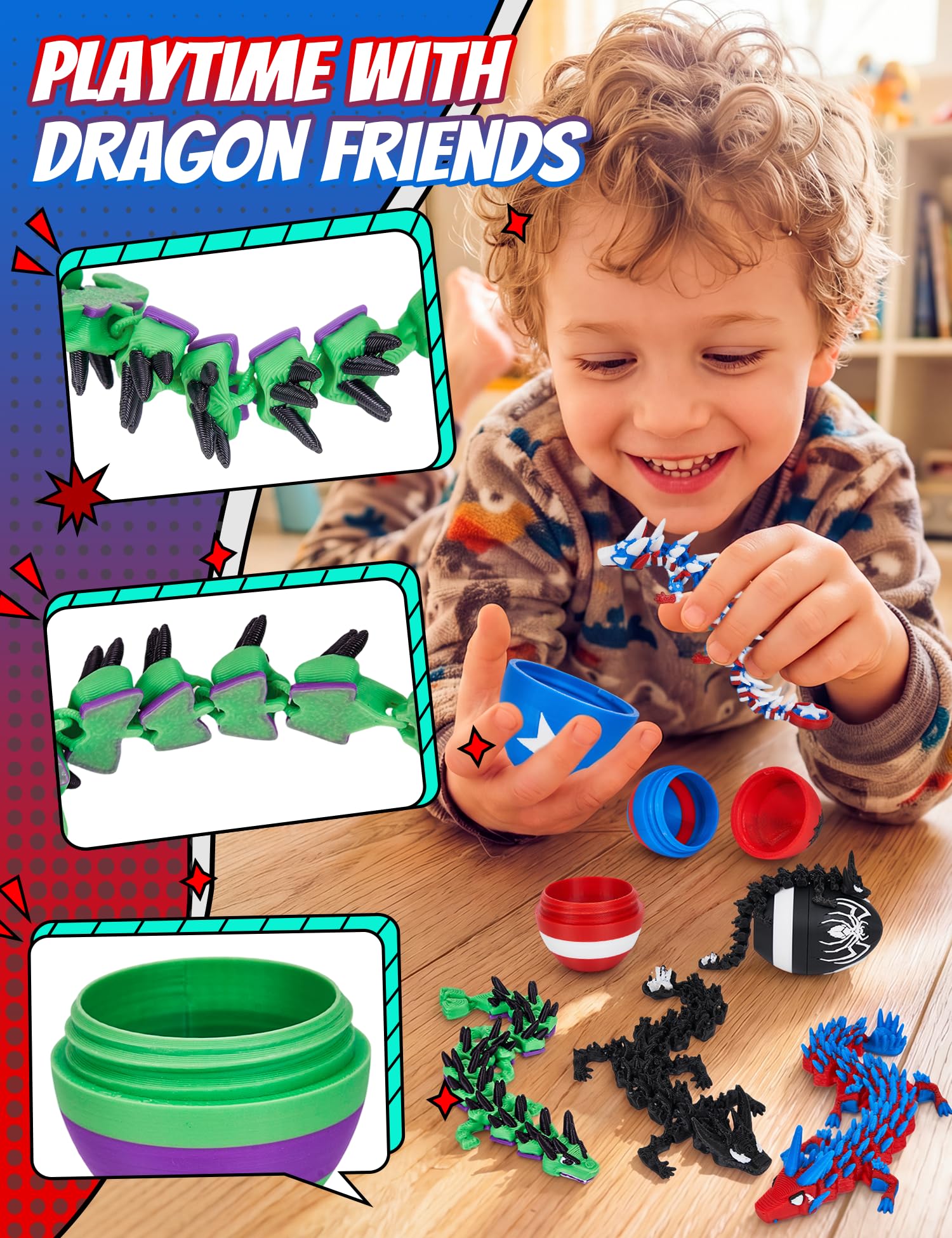 TBOLINE 4PCS 3D Printed Dragon Egg, Articulated Superhero Small Dragon Toys for Kids, 3D Printed Animals Spider Dinosaur Eggs Treasure Box Prizes