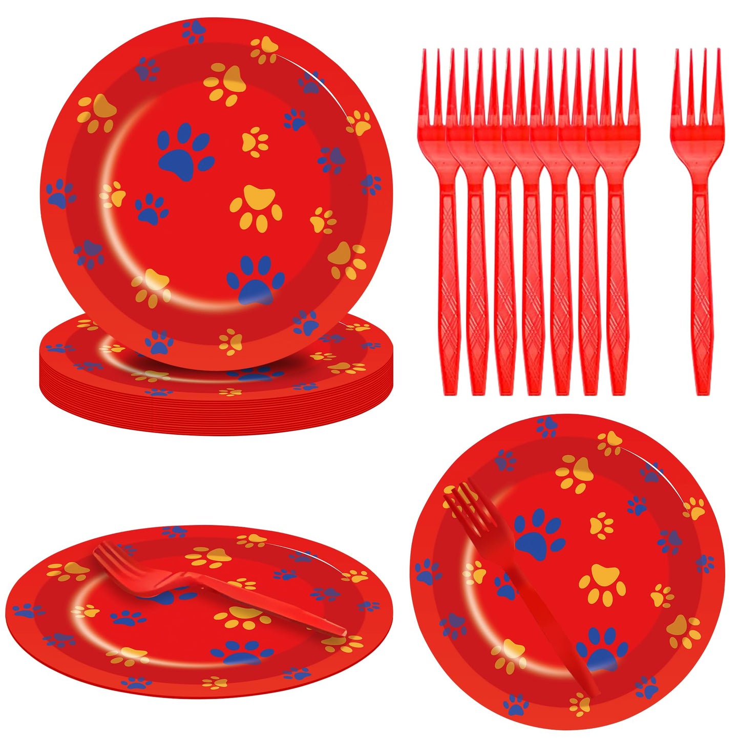 40 Pieces Dog Paw Print Birthday Party Supplies Include 20 Plates, 20 Forks,Puppy Theme Party Decorations, Ideal for Picnics, Baby Showers