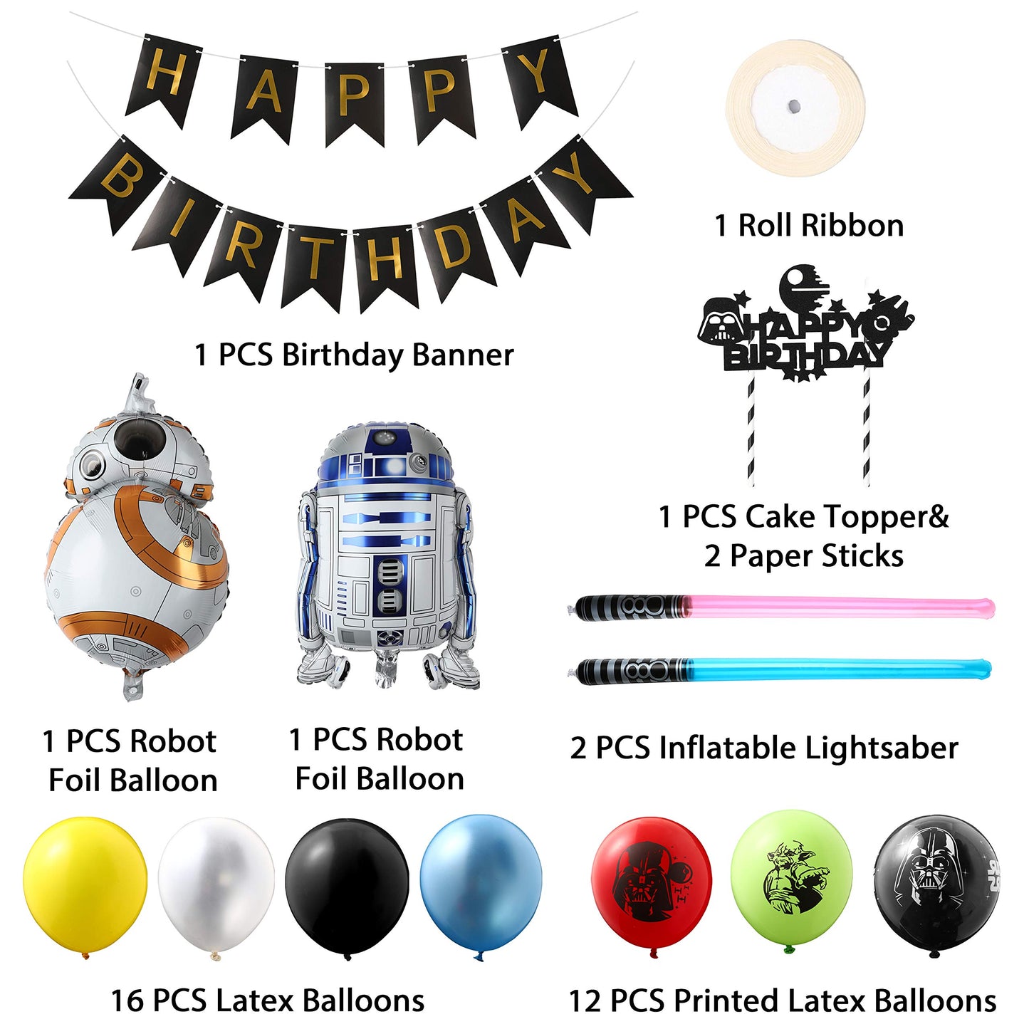 Haooryx 35PCS Galaxy Wars Birthday Party Favor Supplies for Kids, Black Series Birthday Banner Darth Vader Cake Topper Decoration Latex Balloons War