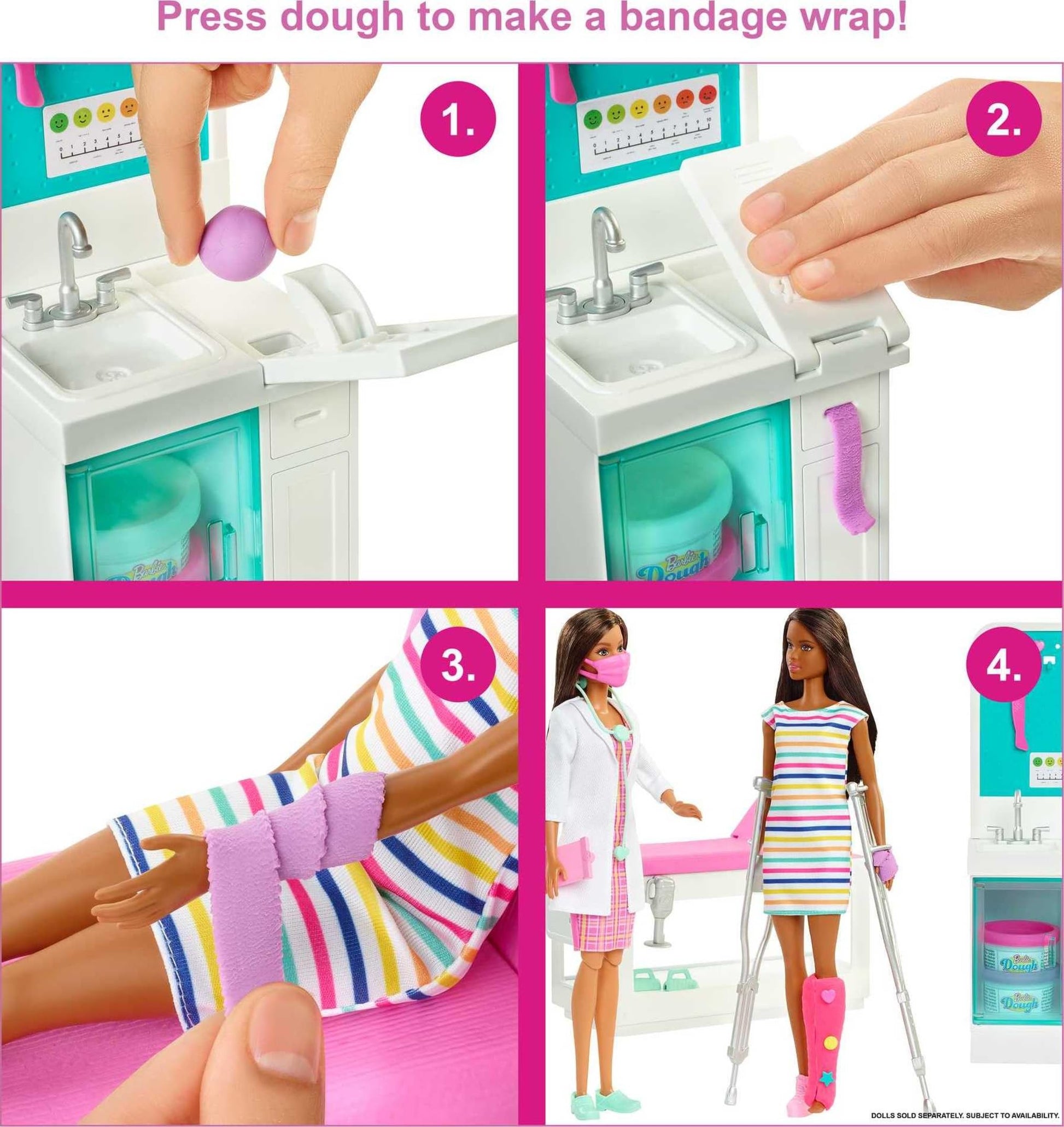 Barbie Fast Cast Clinic Playset, Brunette Barbie Doctor Doll, 30+ Play Pieces, 4 Play Areas, Cast & Bandage Making, Medical & X-ray Stations, Exam