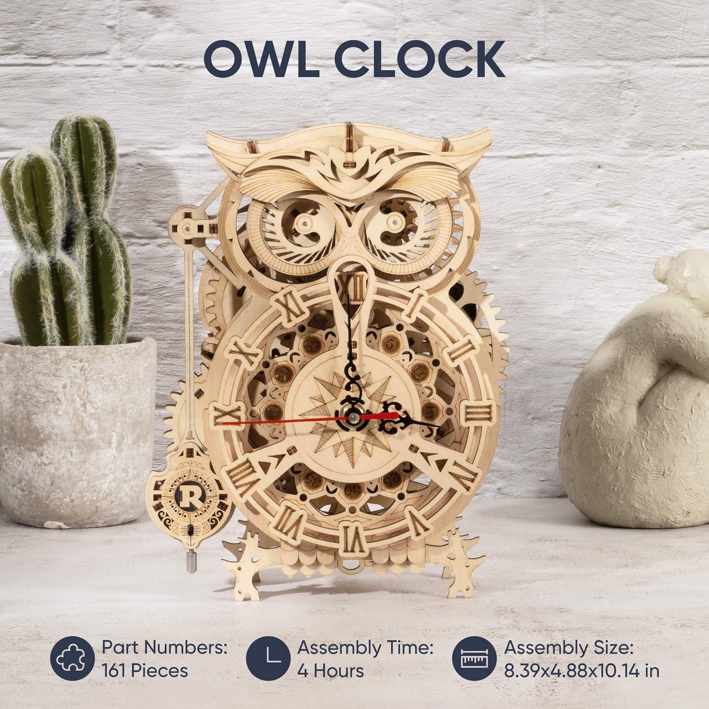 ROKR 3D Wooden Puzzles for Adults Mechanical Clock Kits - Owl Clock, DIY Model Building Kits Educational Brain Teaser Puzzles, Crafts/Hobbies/Gifts