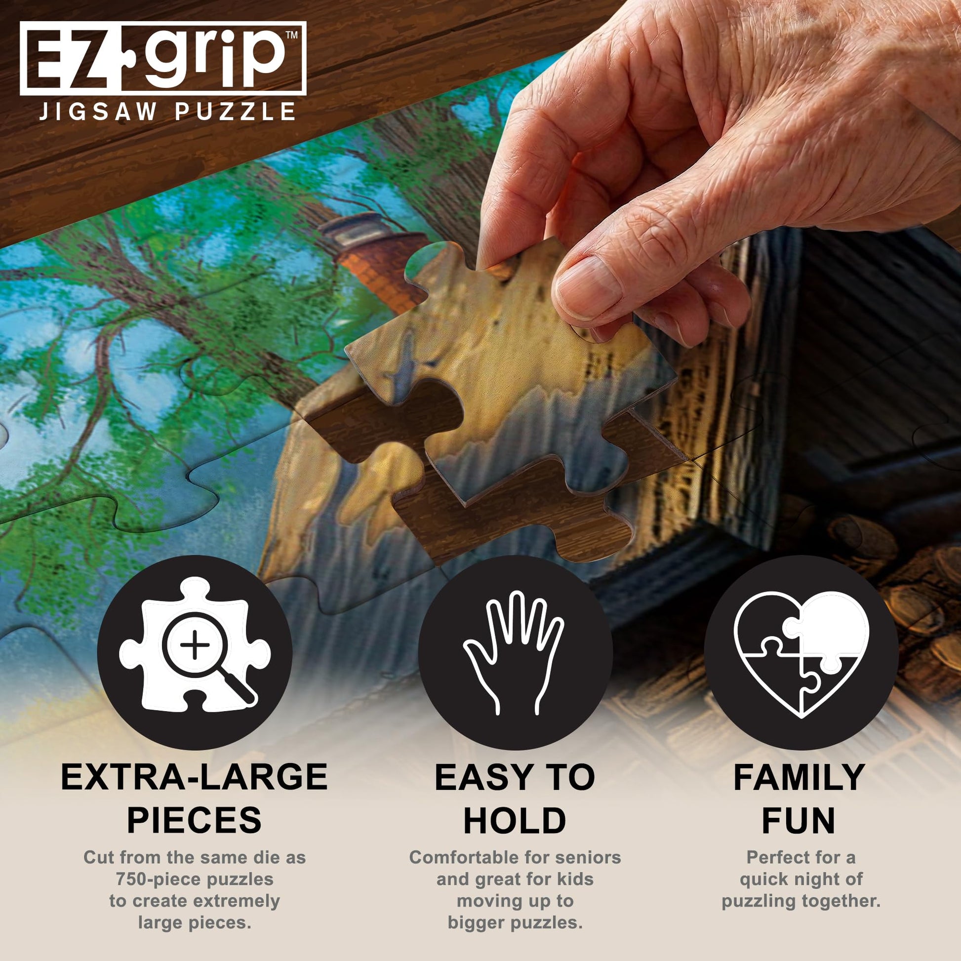 MasterPieces 300 Piece EZ Grip Jigsaw Puzzle - Unpacking Memories - Large Pieces for Adults & Family, 18" x 24", Retro Summer Cabin Theme