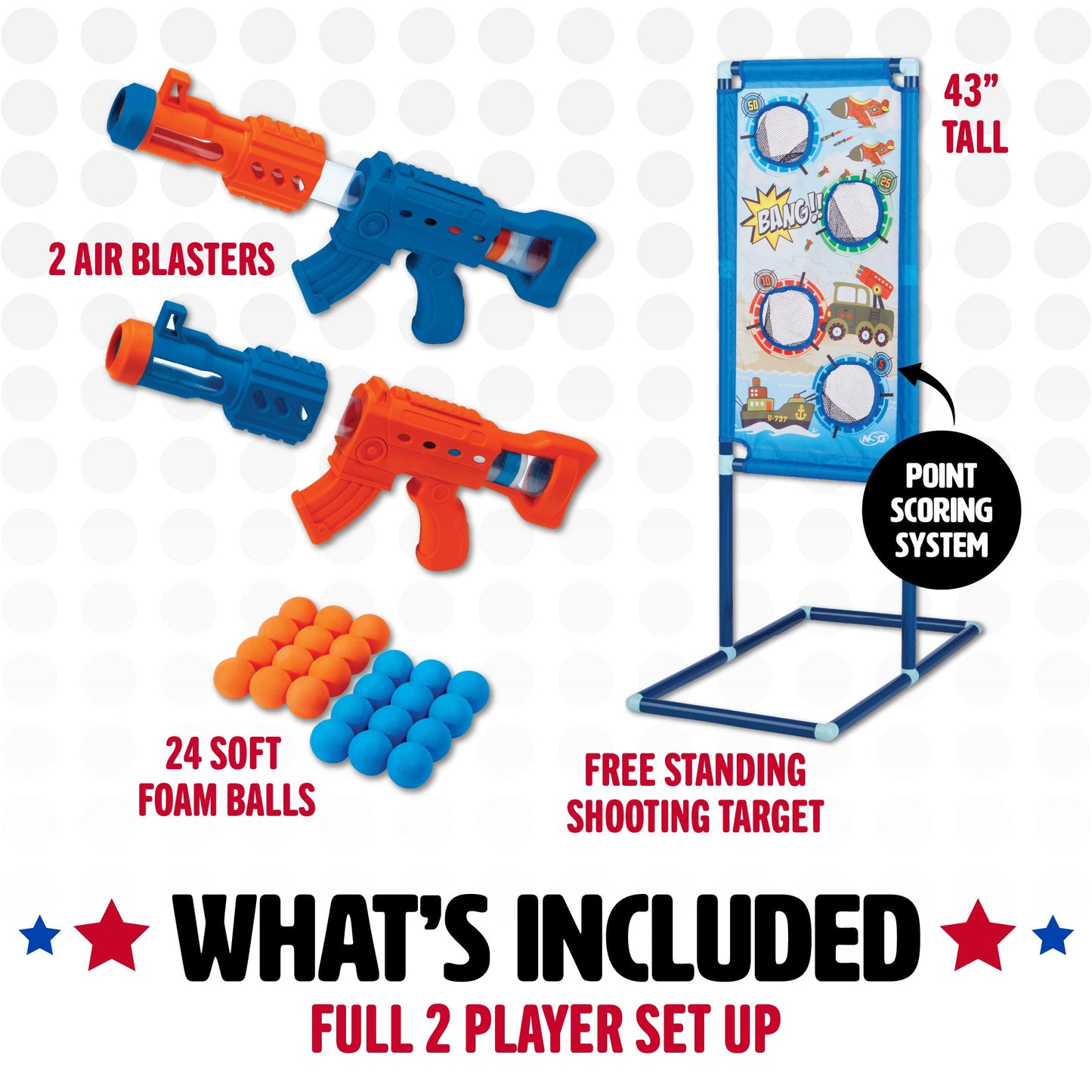 NSG Aeroblast Shooting Games for Kids - 2pk, 24ct Soft Foam Balls and 2 Pump Action Blaster Guns, 2-Player Toy Blaster Gun Set with Standing Shooting