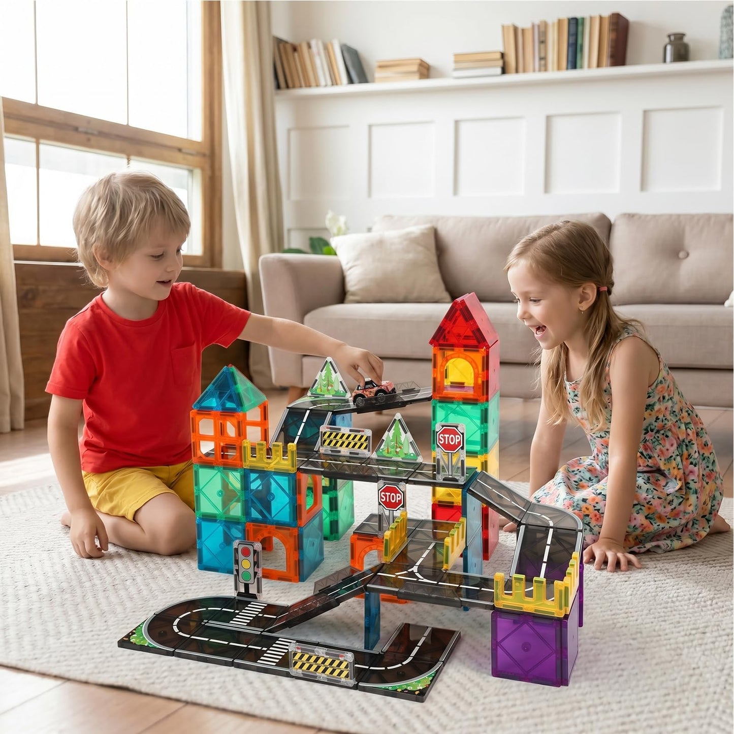 Sylvran Magnetic Tiles Road Set, 89 PCS Magnetic Building Blocks with Roads, Bridges & Ramps, STEM City Building Toys for Kids Ages 3-8, Educational