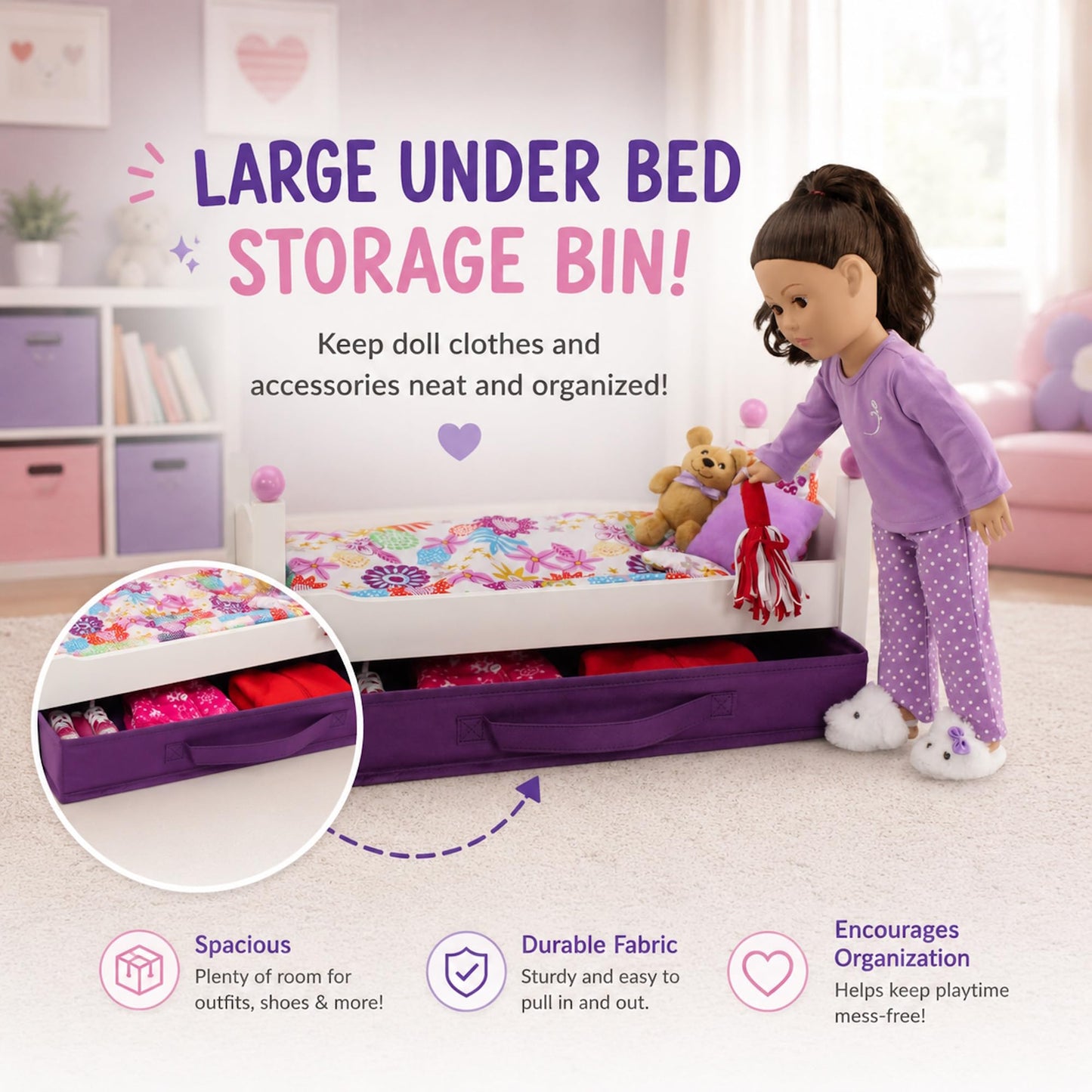 Emily Rose 18 Inch White Stackable Doll Bed with 4PC Bedding & Storage Bin
