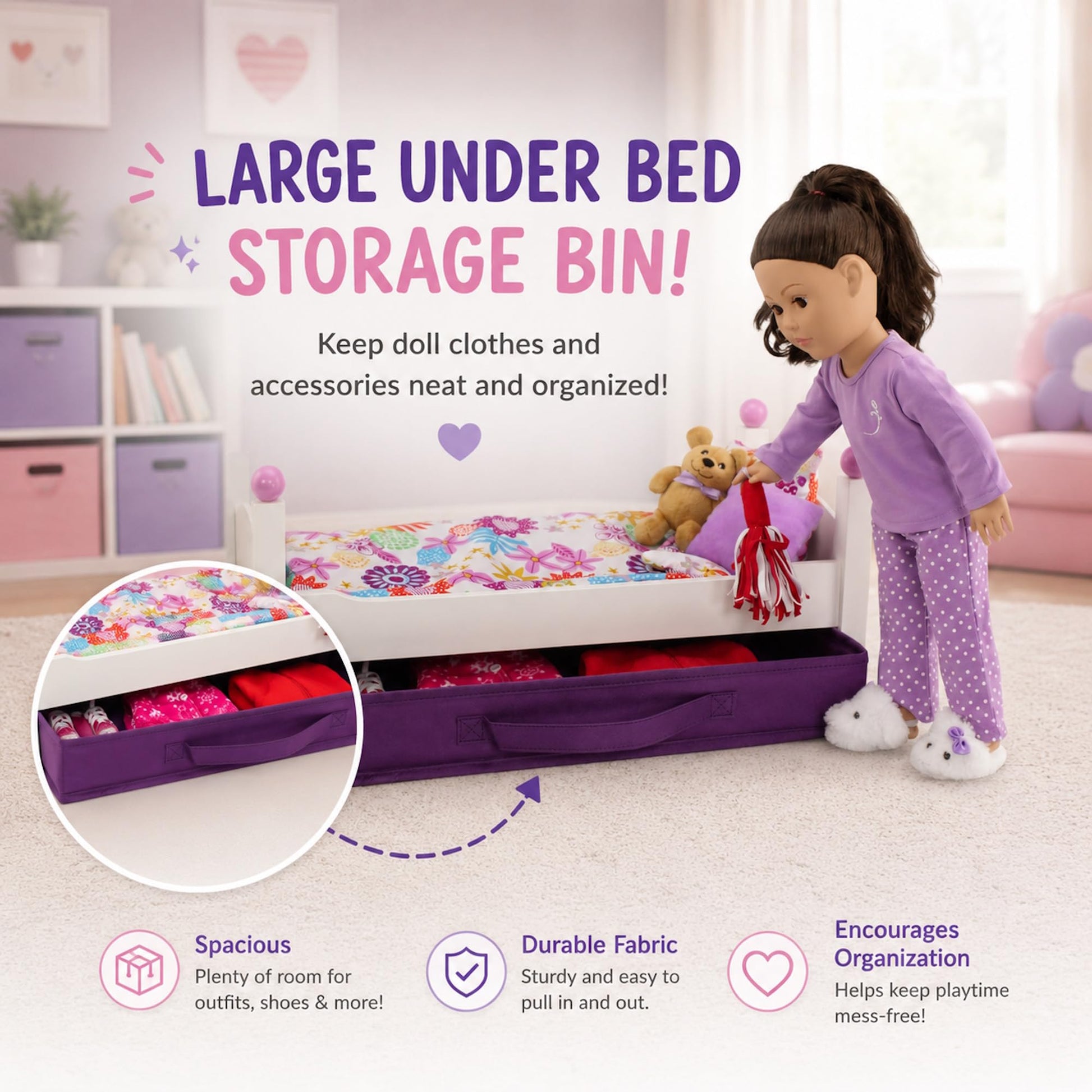 Emily Rose 18 Inch White Stackable Doll Bed with 4PC Bedding & Storage Bin
