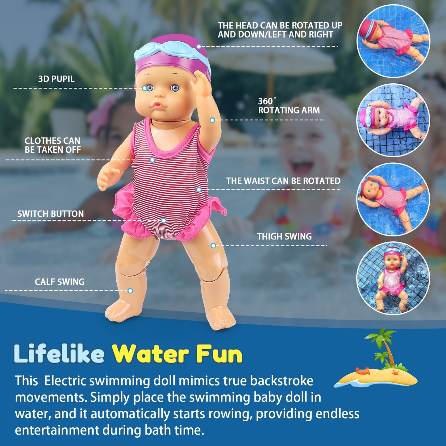 Waterproof Electric Swimming Doll for Pool and Bath, Interactive Swimmer Doll with Lifelike Backstroke, Fun Bath Toy for Toddlers, Excellent Summer