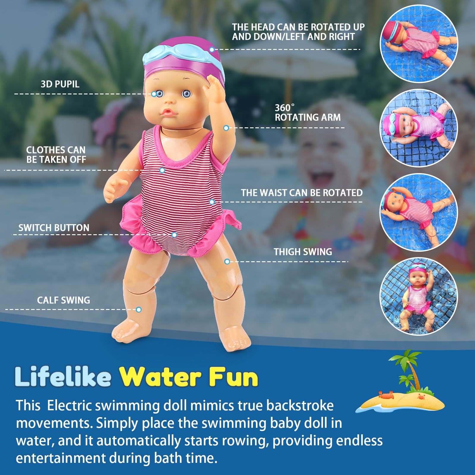 Waterproof Electric Swimming Doll for Pool and Bath, Interactive Swimmer Doll with Lifelike Backstroke, Fun Bath Toy for Toddlers, Excellent Summer