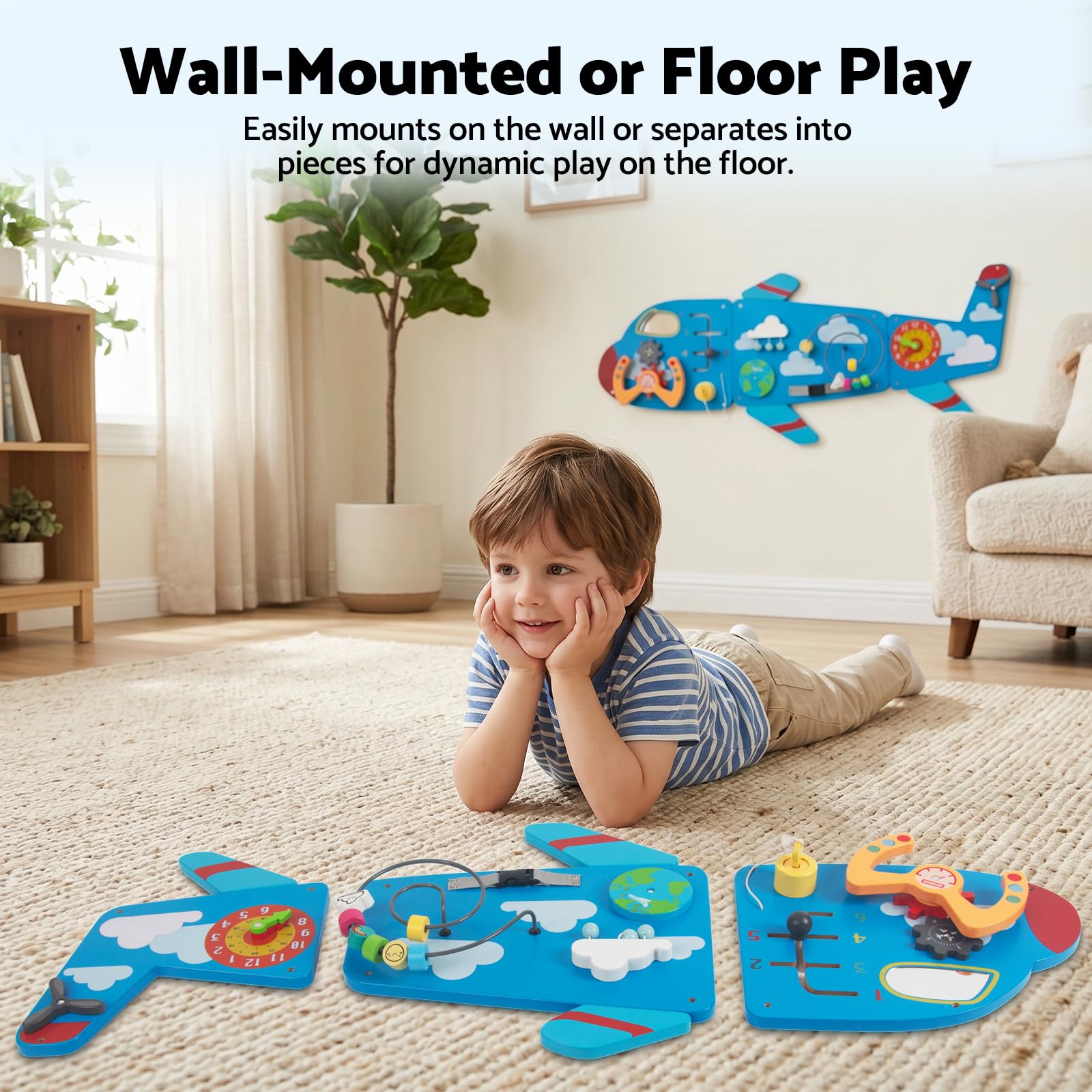 WOODENFUN Wooden Activity Wall Busy Board for Toddlers, 12 in 1 Airplane Montessori Sensory Wall Panel with Bead Maze, Baby Learning Toys for Boys