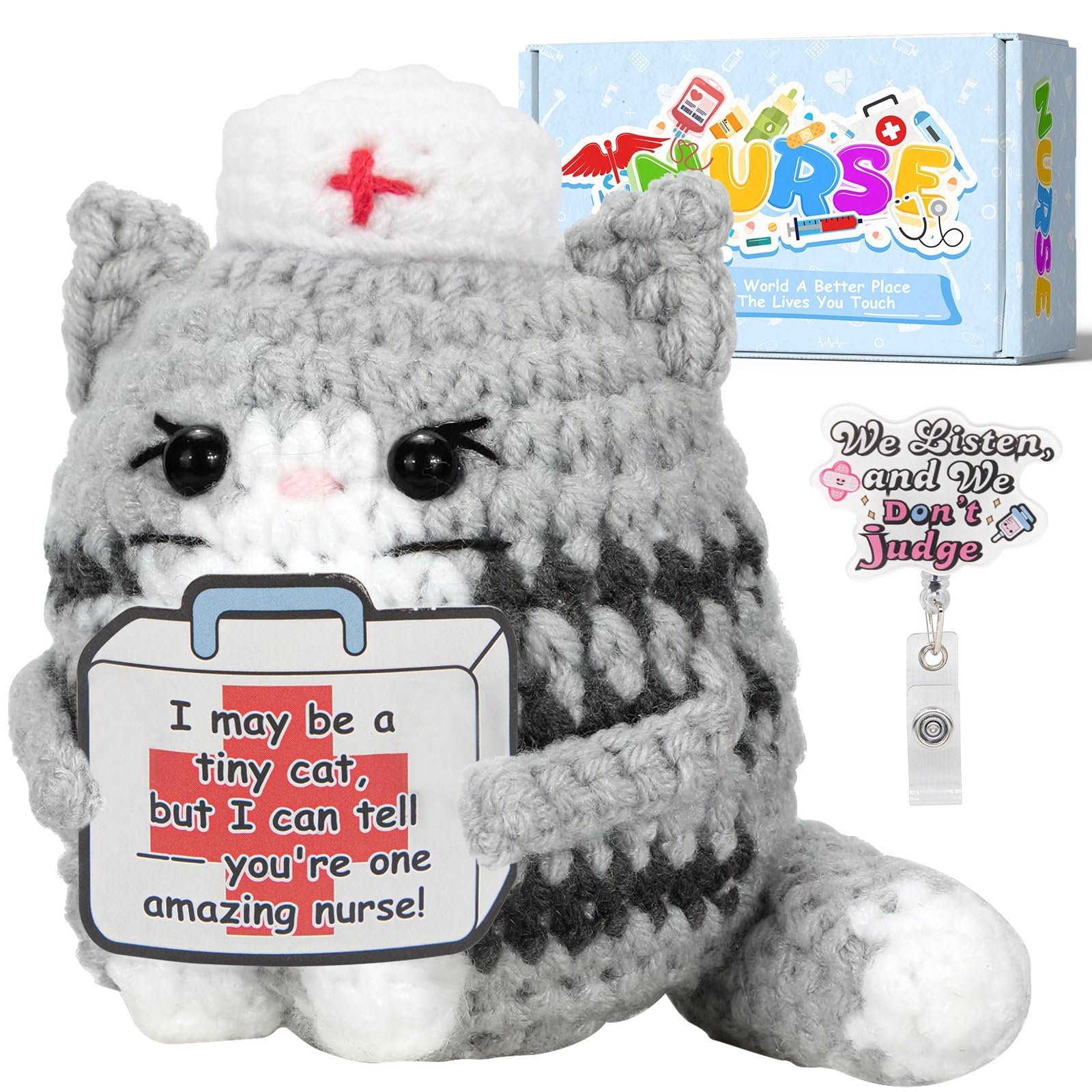 Funny Nurse Week Gifts for Women - 2026 Positive Crochet Cat with Nurse Badge Reel - Animals Emotional Appreciation Gifts for RN Registered