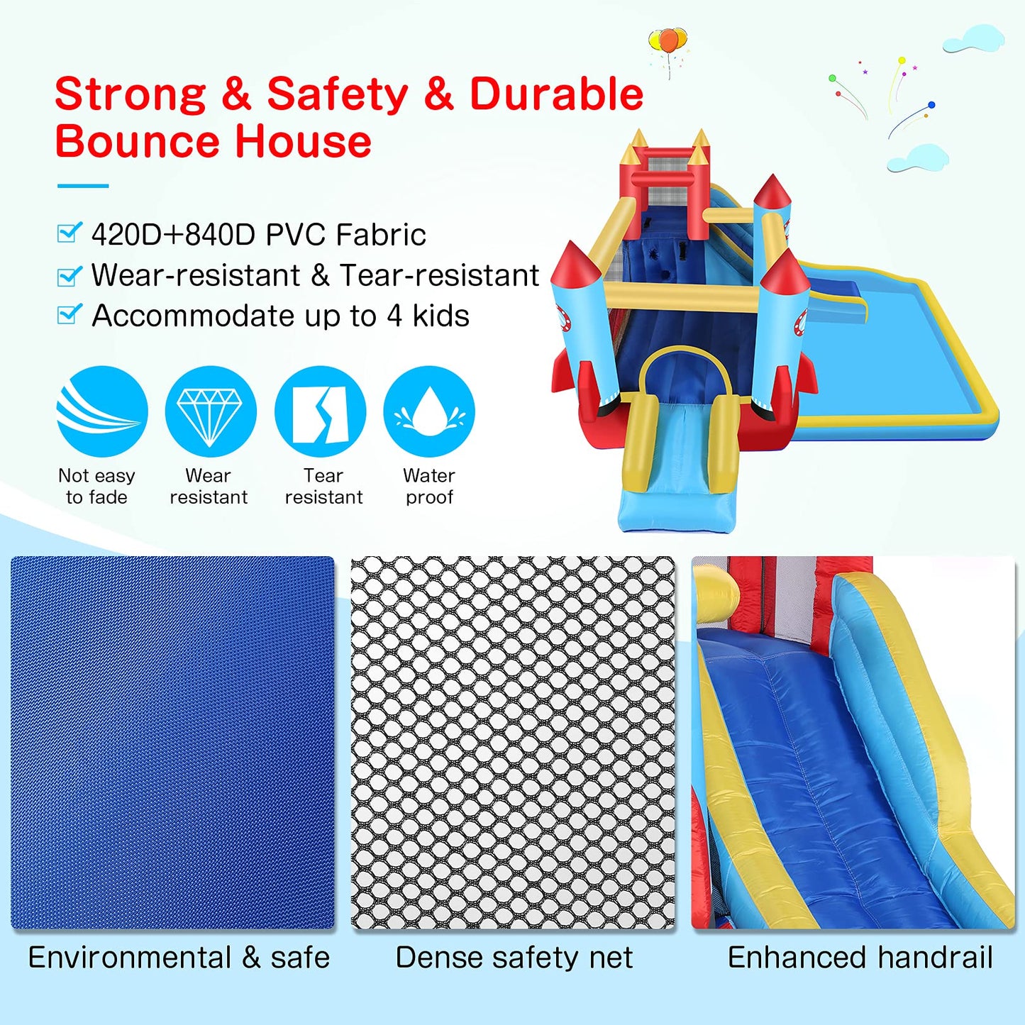 DREAMVAN Kids Bounce House with Blower Inflatable Bounce Houses Double Slide Climbing Wall and Ball Pit/Pool Splash Big Bouncy House Bouncing Rocket