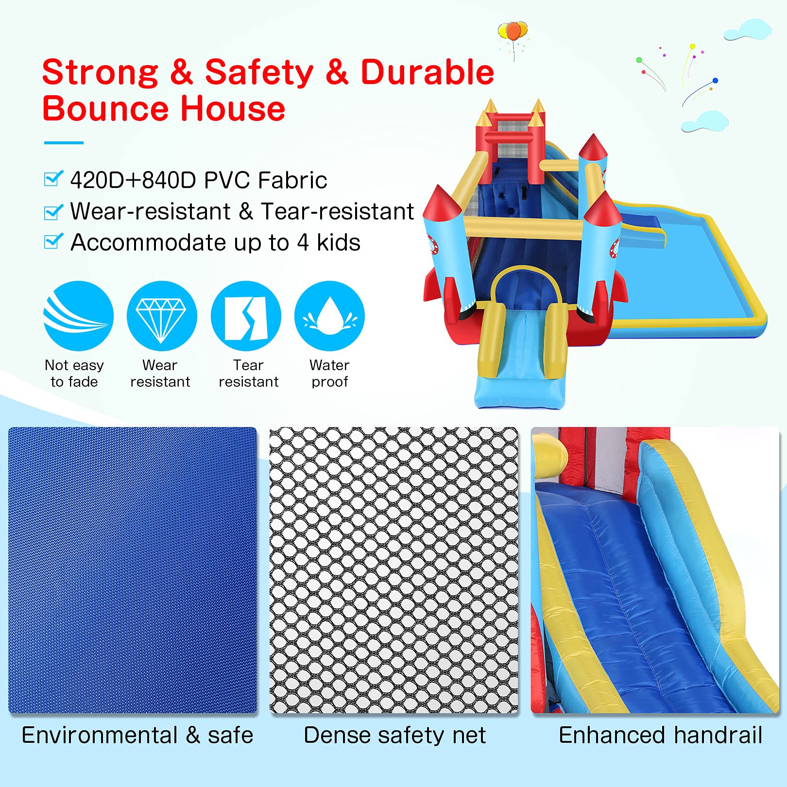 DREAMVAN Kids Bounce House with Blower Inflatable Bounce Houses Double Slide Climbing Wall and Ball Pit/Pool Splash Big Bouncy House Bouncing Rocket
