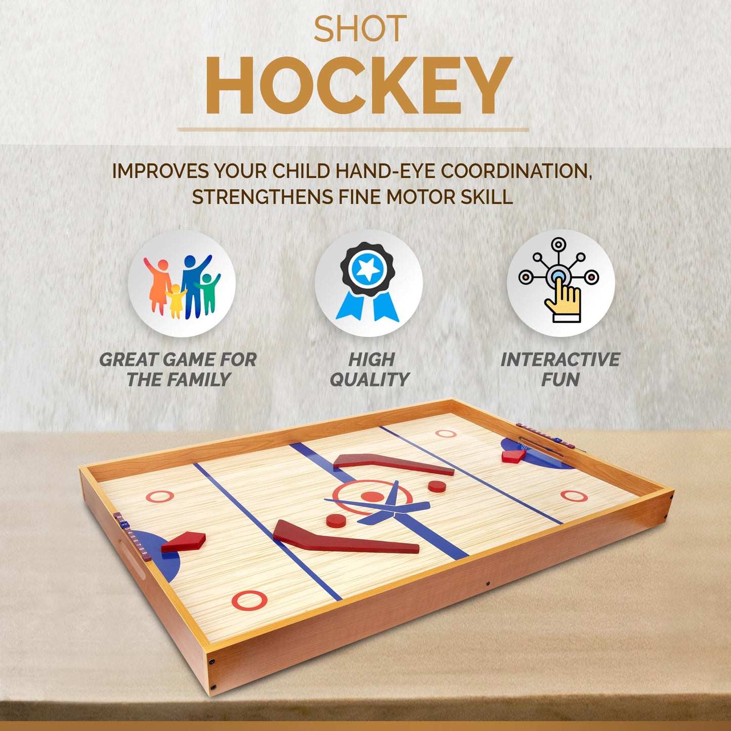 Point Games Tabletop Slap Shot Hockey Game - Super Durable Large Wooden Board With 2 Sticks and Pucks - Great Family Game for Ages 5+