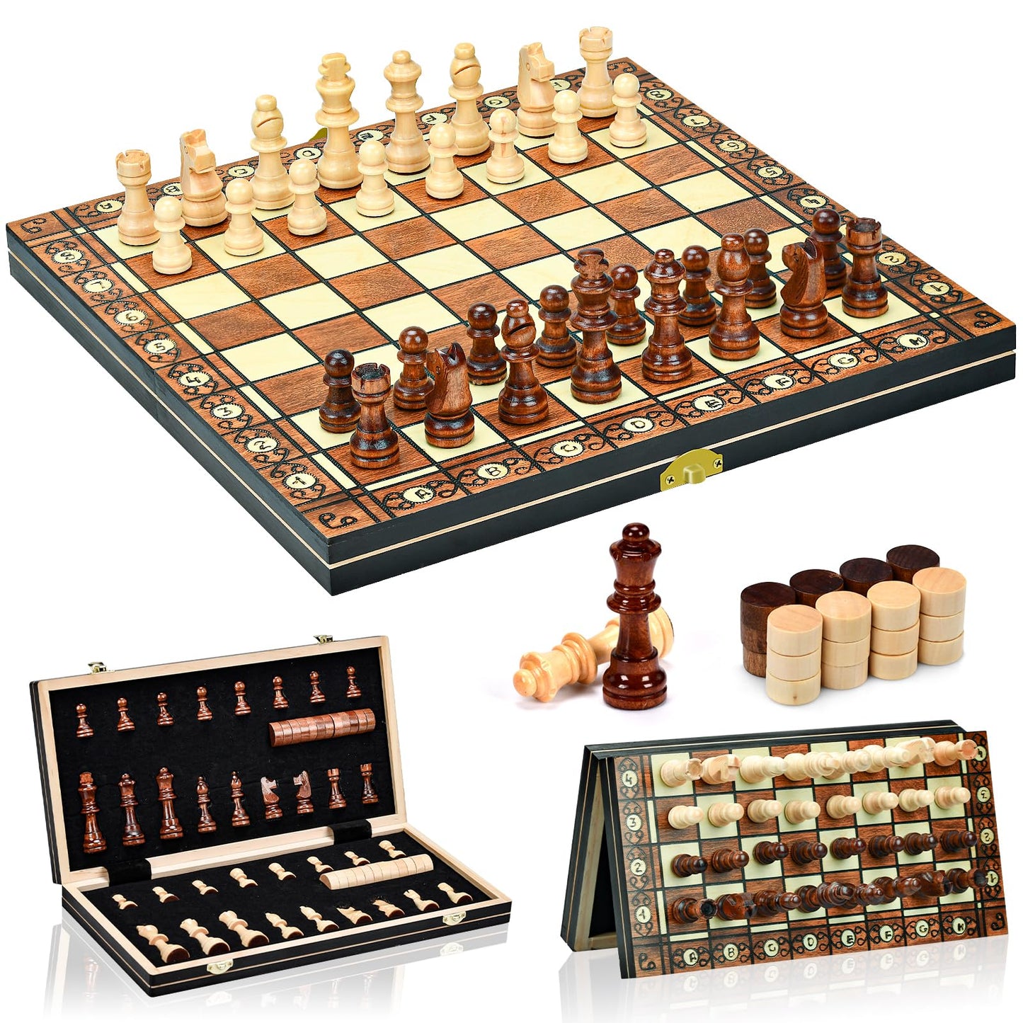 Aissom Magnetic Wooden Chess Set, 2 in 1 Chess Set, 15" Chess Set with Storage and 2 Extra Queens, Foldable for Parties and Family Activities, Travel