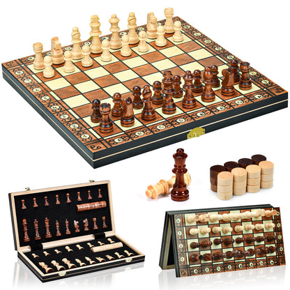 Aissom Magnetic Wooden Chess Set, 2 in 1 Chess Set, 15" Chess Set with Storage and 2 Extra Queens, Foldable for Parties and Family Activities, Travel