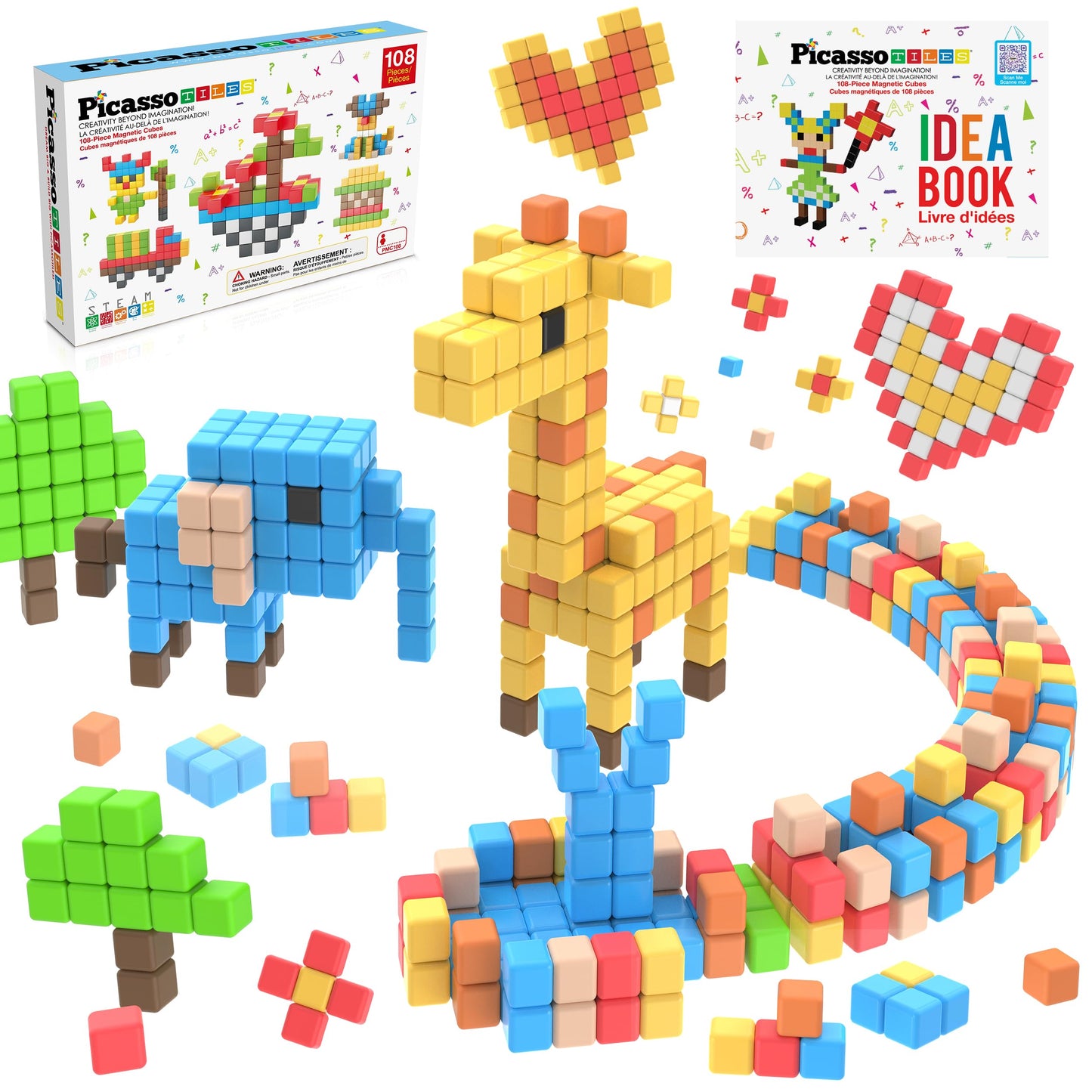 PicassoTiles 108pcs 1” Magnetic Puzzle Cubes Magnet Toys Preschool Construction Building Block Set Sensory Toy Early Education STEM Learning Come