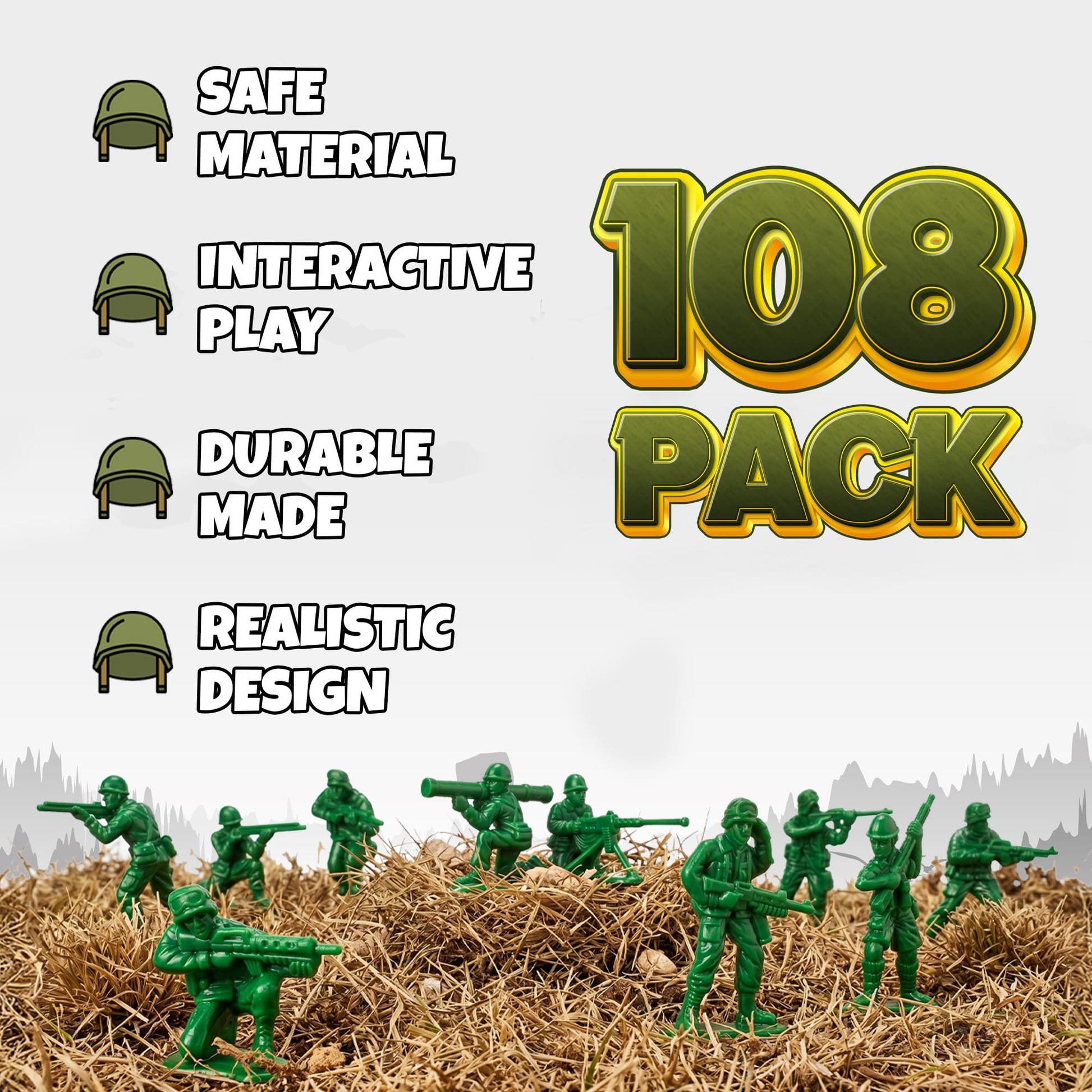 KiddieLoot Green Army Men Toy Soldiers (108 Pack) - Classic Military Action Figures for Kids - Plastic Army Toys Set for Battle Play, Party Favors