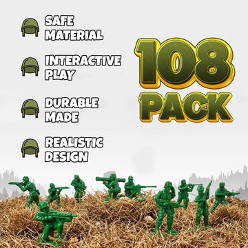 KiddieLoot Green Army Men Toy Soldiers (108 Pack) - Classic Military Action Figures for Kids - Plastic Army Toys Set for Battle Play, Party Favors