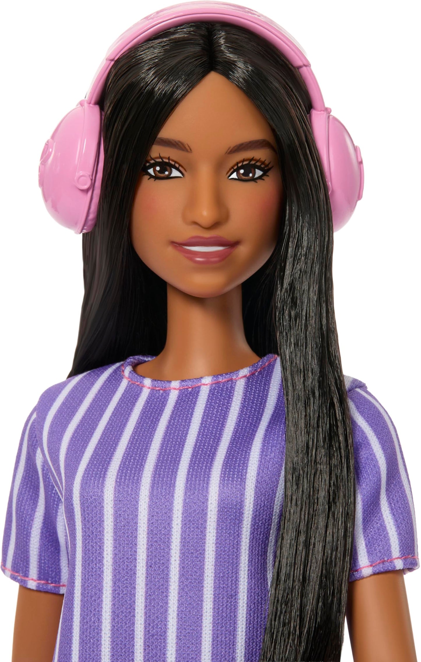 Barbie Fashionistas Doll #245, Autistic Doll Wearing Purple Striped Dress with Accessories Like Fidget Spinner, Tablet and Headphones