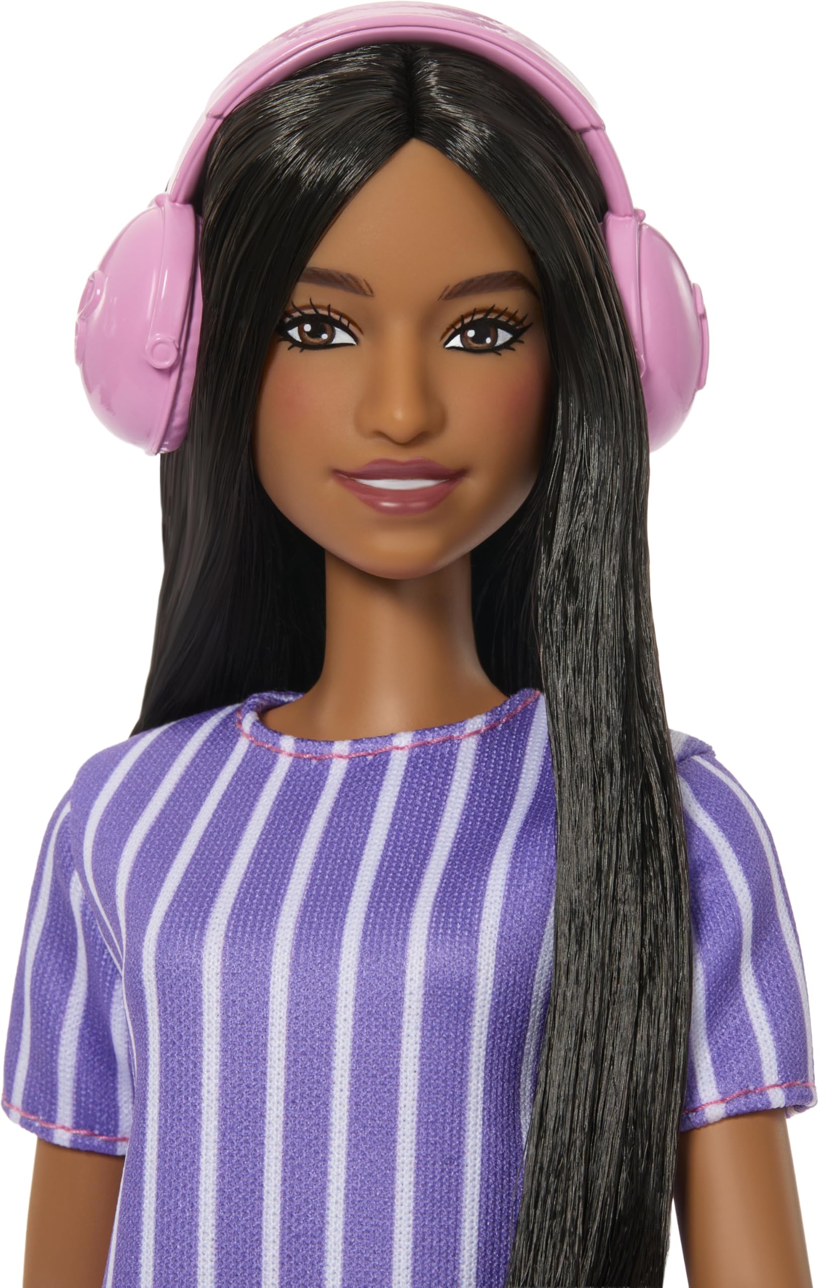Barbie Fashionistas Doll #245, Autistic Doll Wearing Purple Striped Dress with Accessories Like Fidget Spinner, Tablet and Headphones